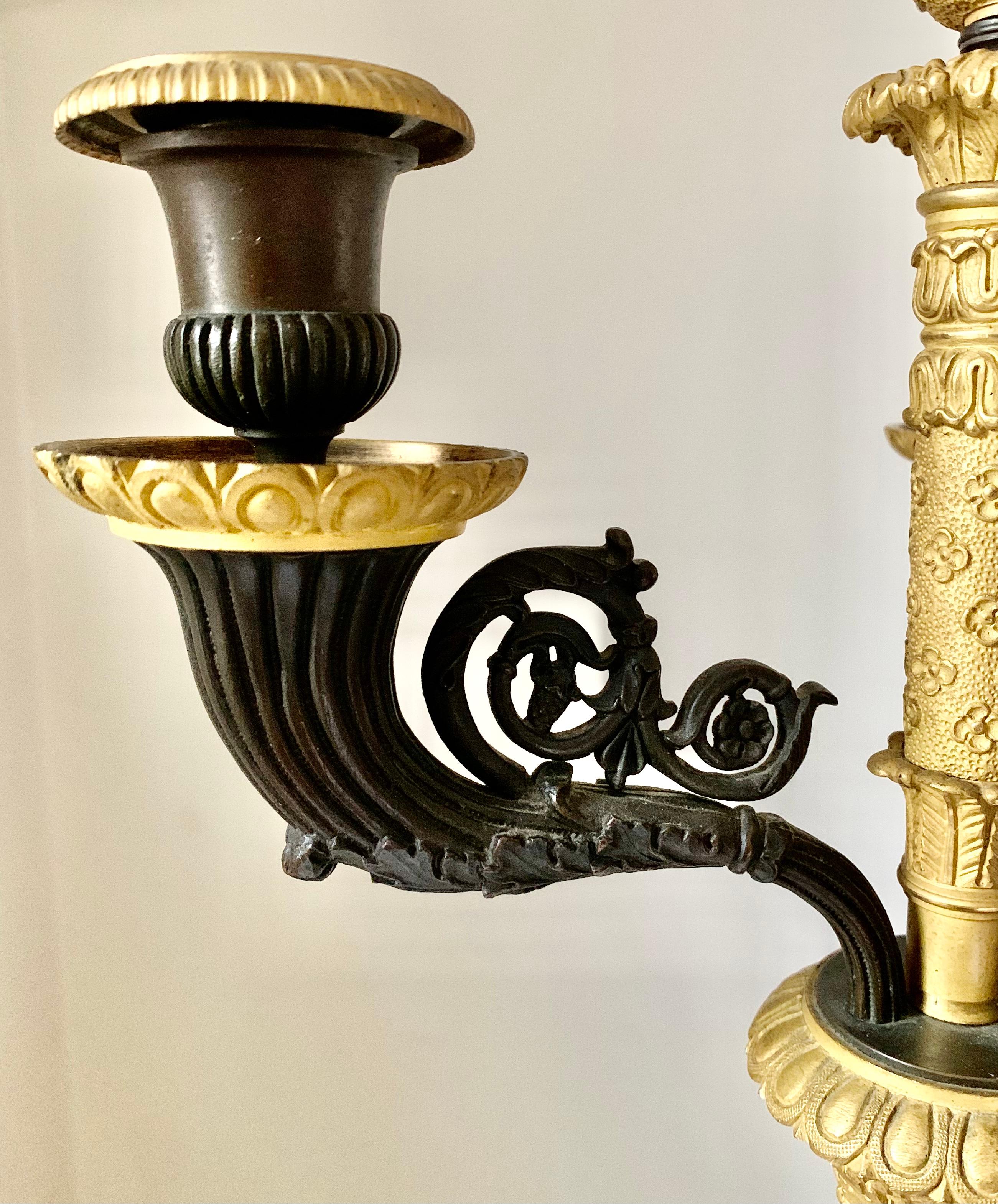 French Pair Charles X Empire Period Gilt, Patinated Bronze Candelabra Lamps, circa 1830 For Sale