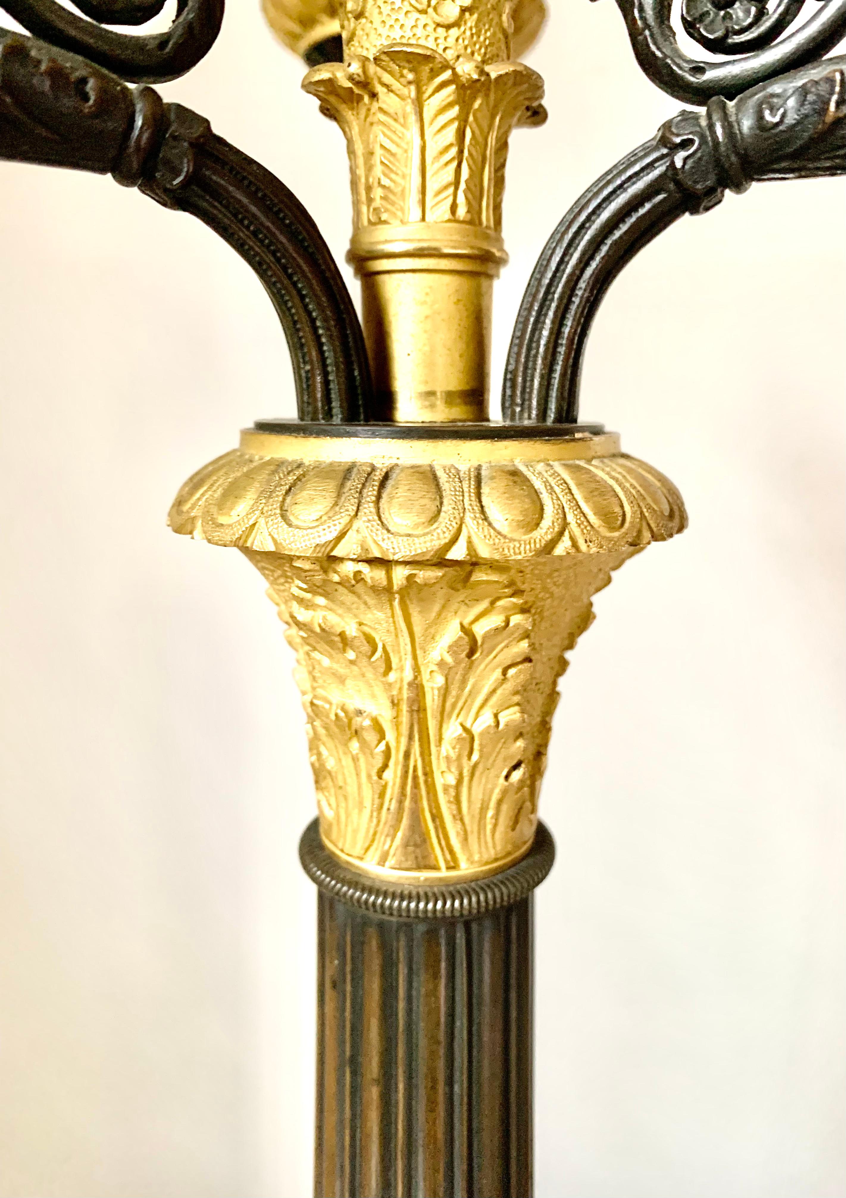 Pair Charles X Empire Period Gilt, Patinated Bronze Candelabra Lamps, circa 1830 In Good Condition For Sale In New York, NY
