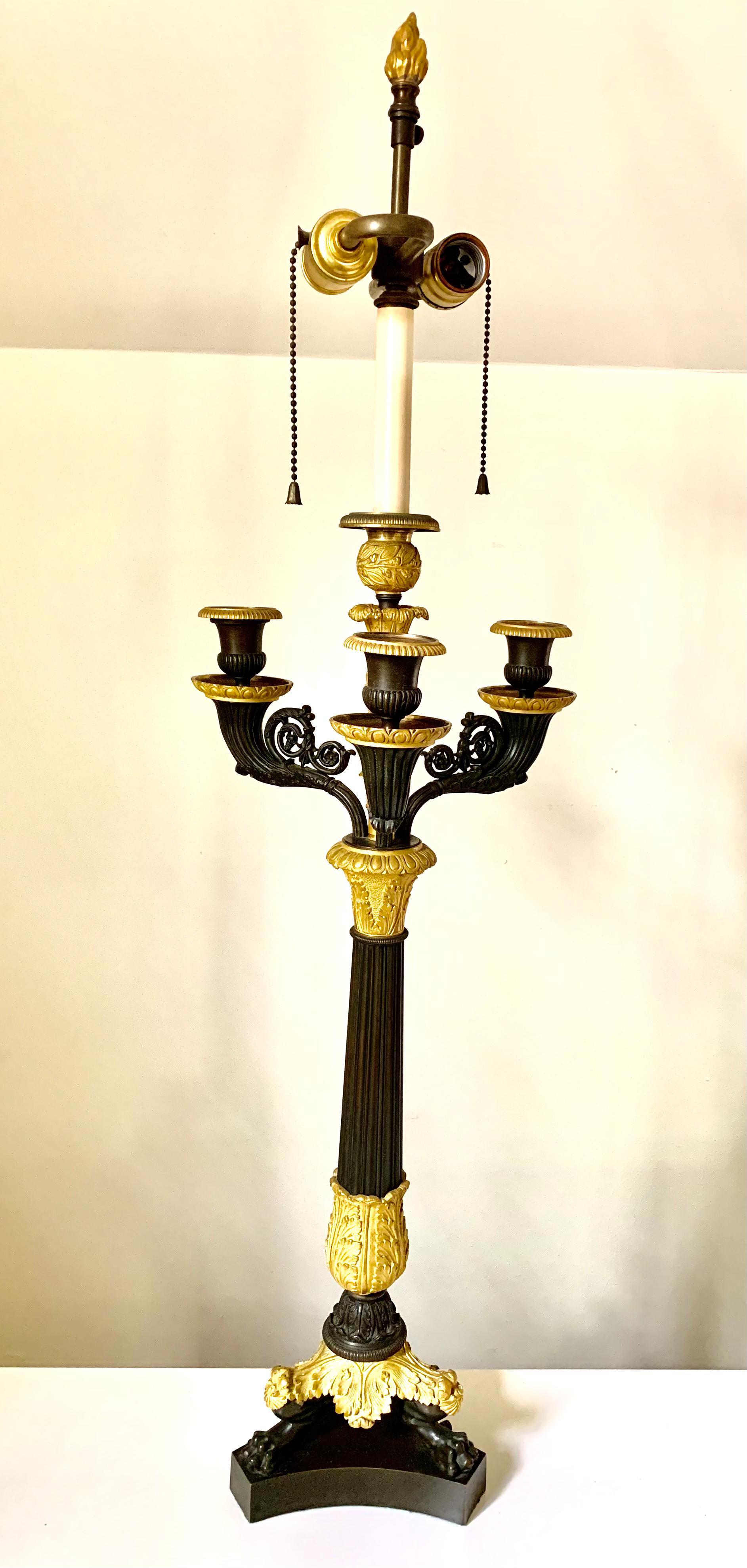 Pair Charles X Empire Period Gilt, Patinated Bronze Candelabra Lamps, circa 1830 For Sale 2