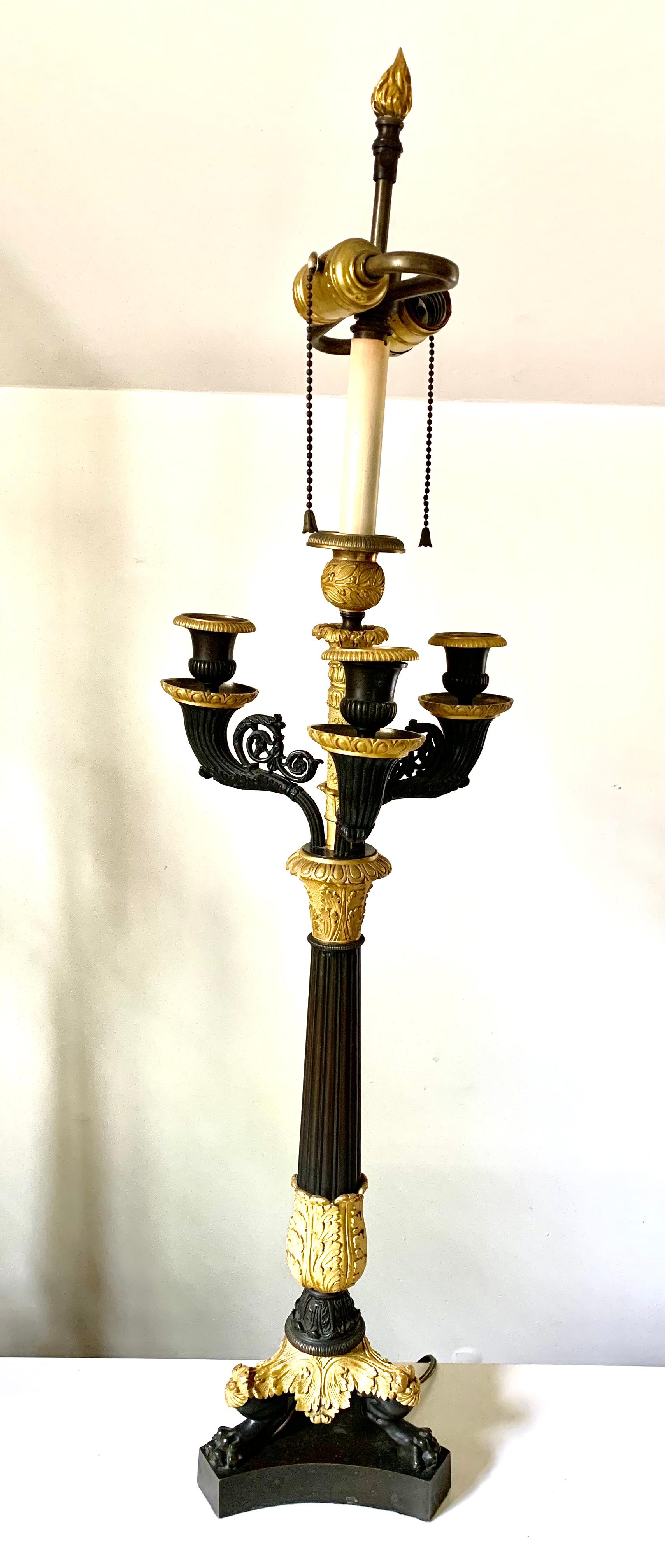 Pair Charles X Empire Period Gilt, Patinated Bronze Candelabra Lamps, circa 1830 For Sale 3