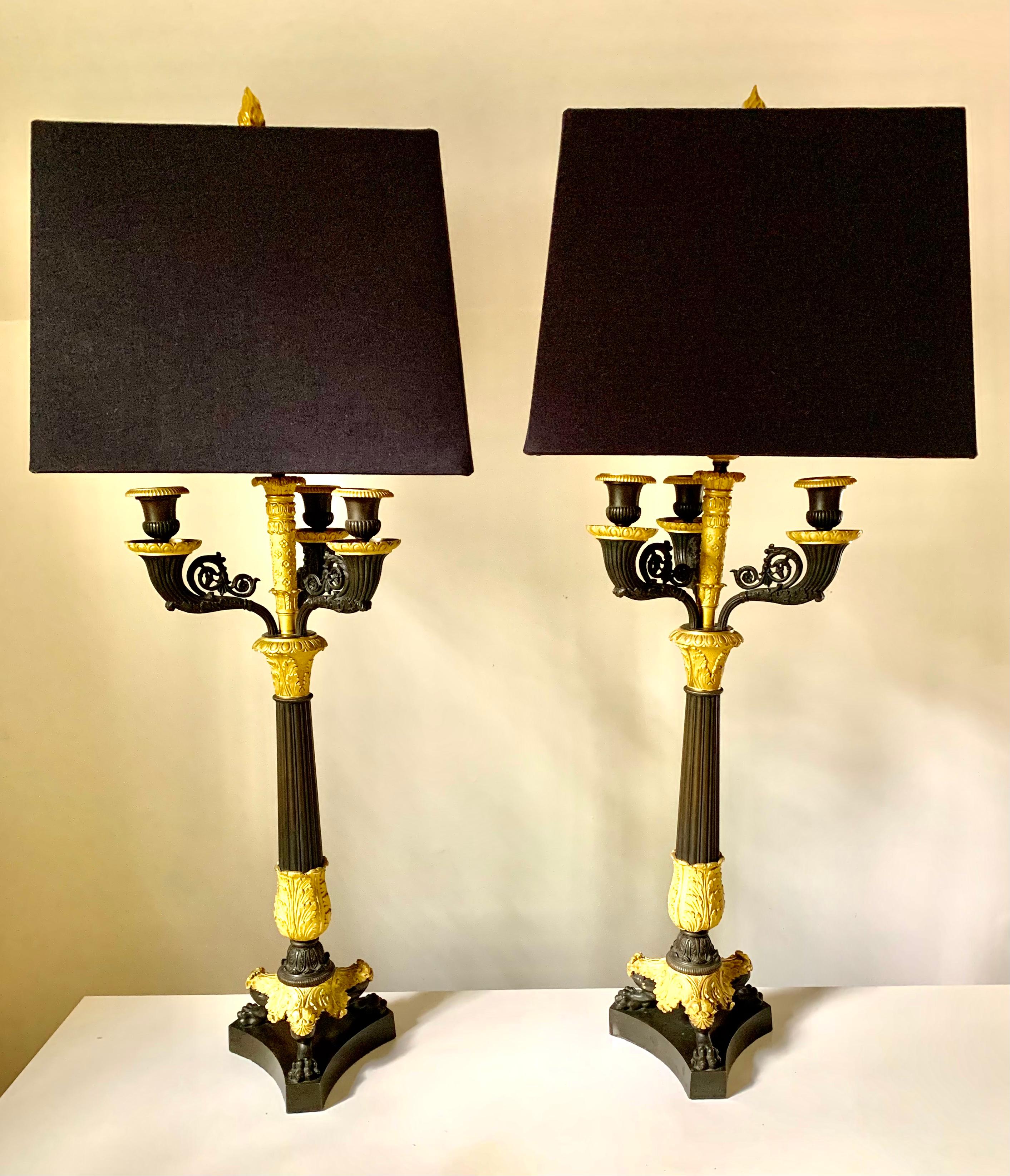 Pair Charles X Empire Period Gilt, Patinated Bronze Candelabra Lamps, circa 1830 For Sale 4