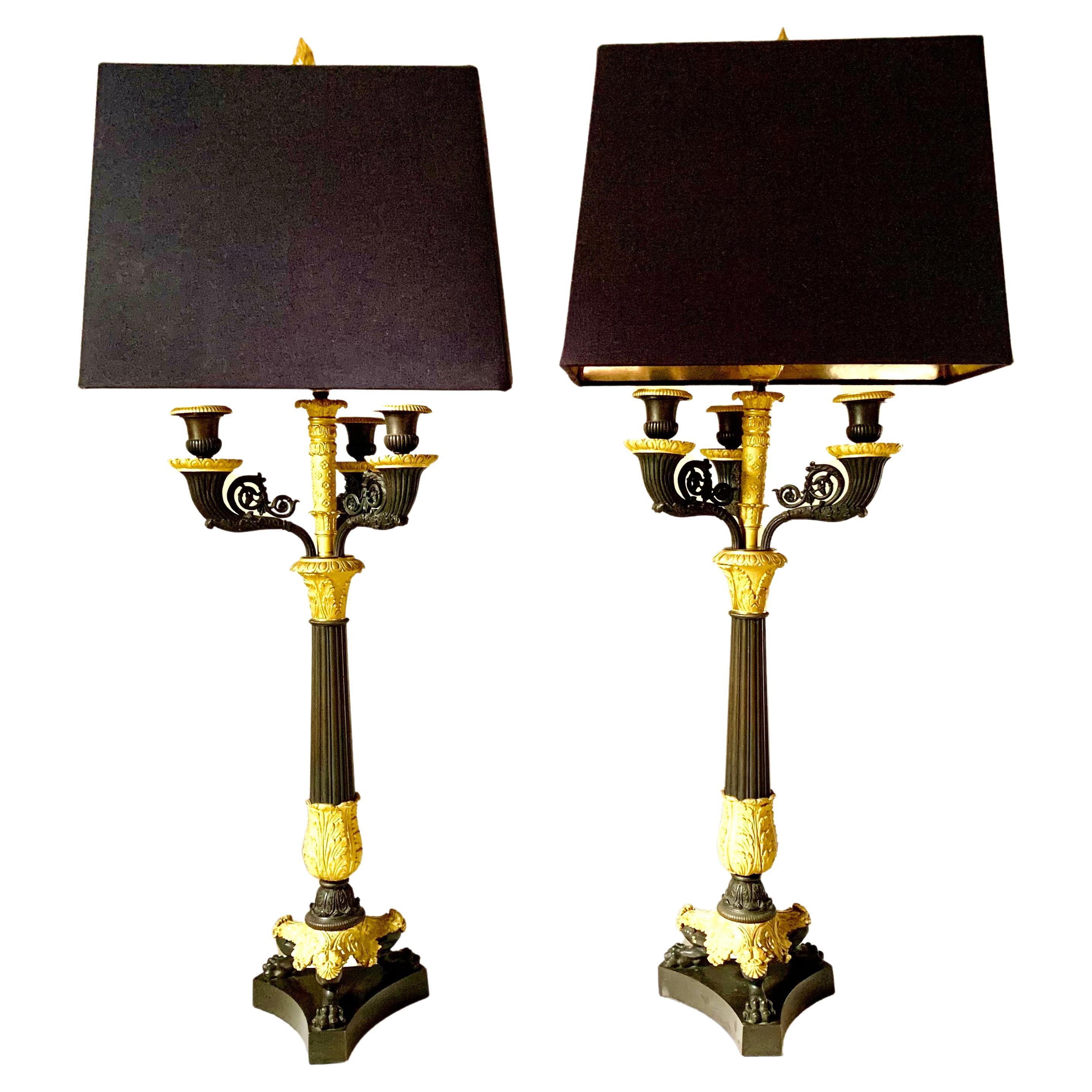 Pair Charles X Empire Period Gilt, Patinated Bronze Candelabra Lamps, circa 1830 For Sale
