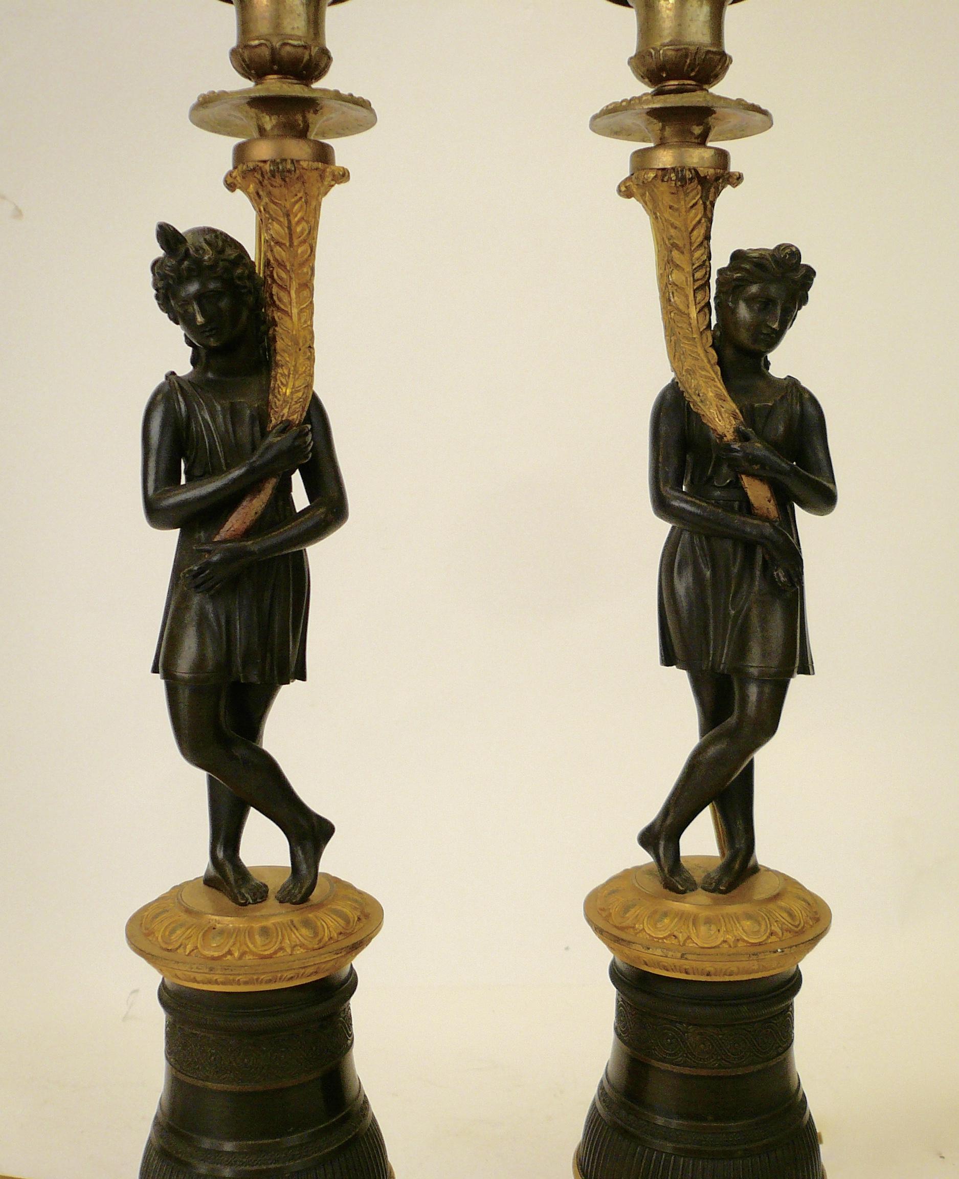 Pair of Charles X Gilt and Patinated Bronze Figural Candlestick Lamps 4