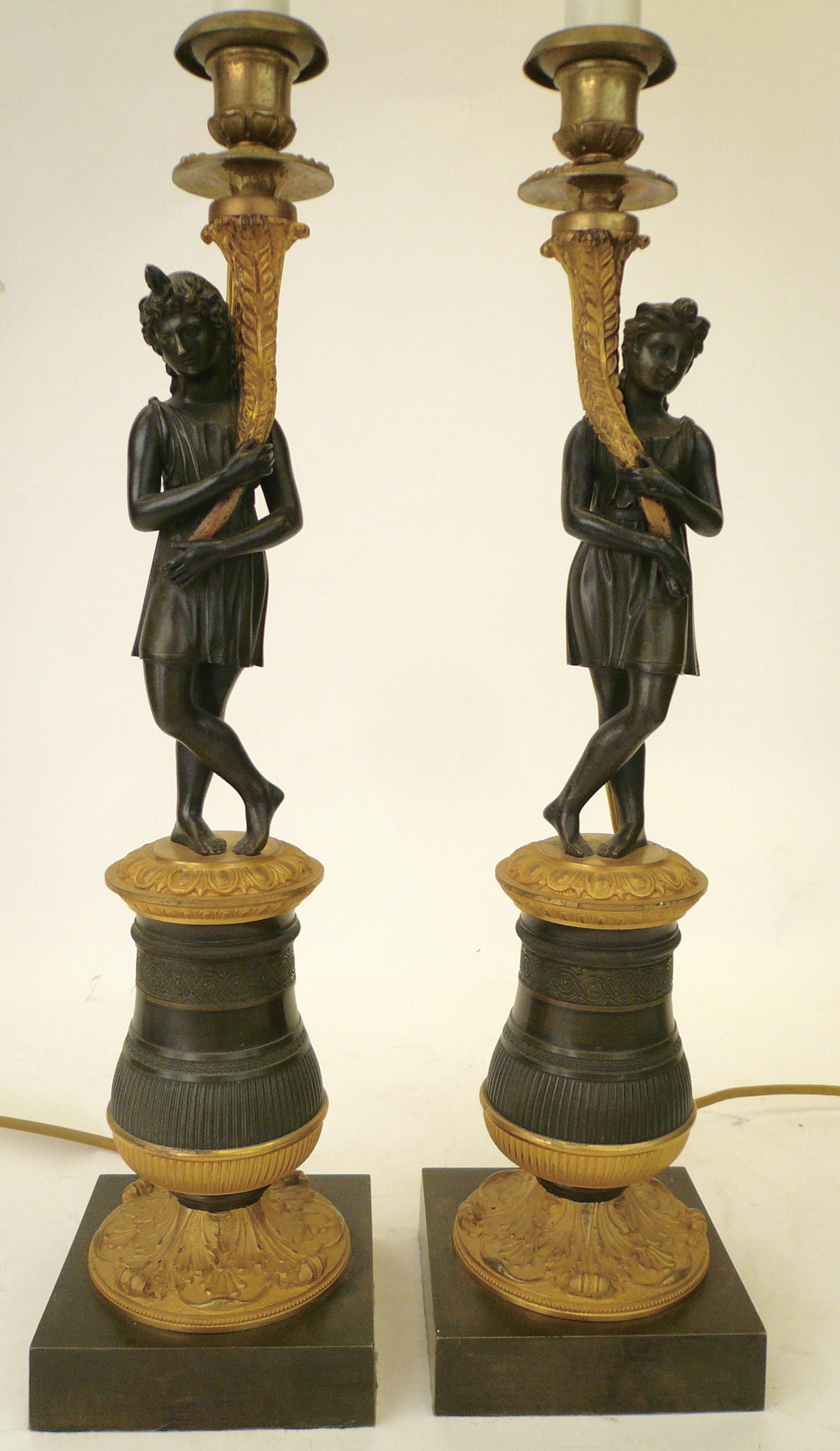 Pair of Charles X Gilt and Patinated Bronze Figural Candlestick Lamps 5