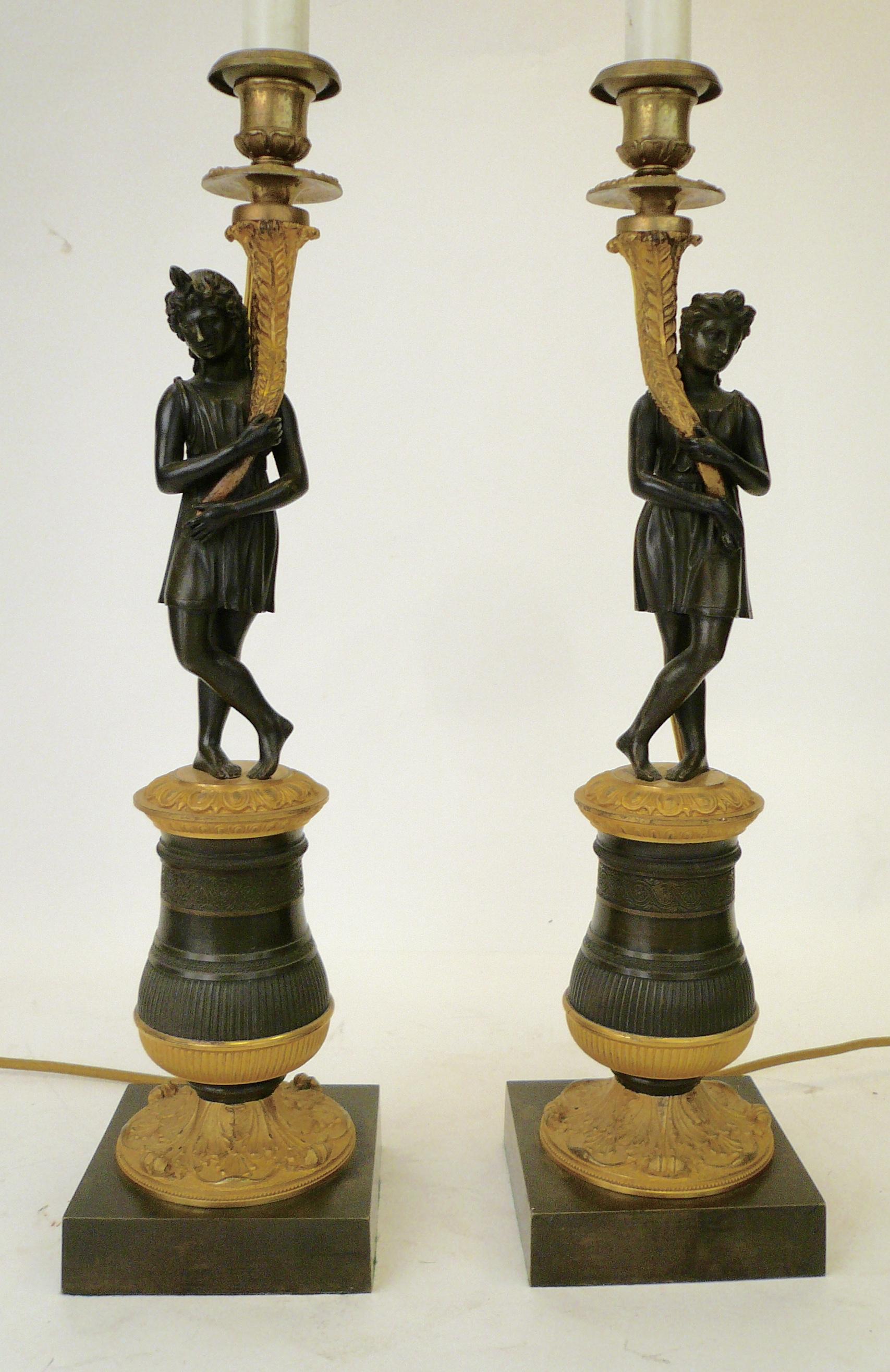 Neoclassical Pair of Charles X Gilt and Patinated Bronze Figural Candlestick Lamps