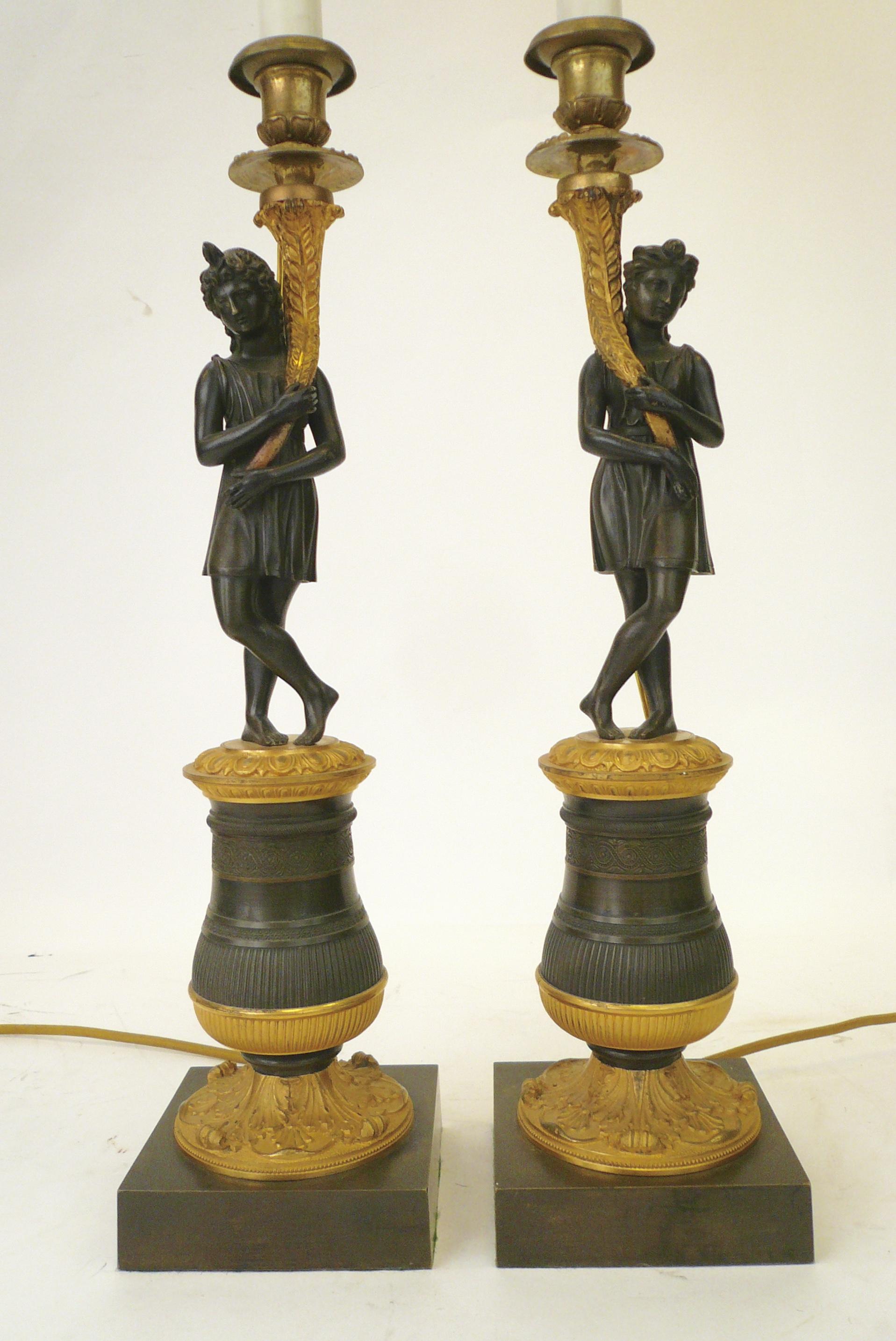 19th Century Pair of Charles X Gilt and Patinated Bronze Figural Candlestick Lamps