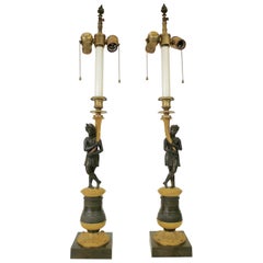 Pair of Charles X Gilt and Patinated Bronze Figural Candlestick Lamps