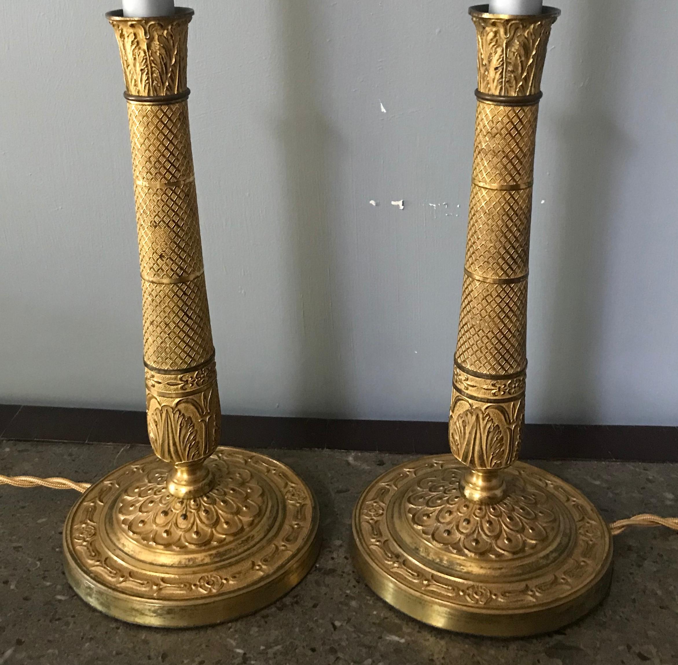 Empire Pair Charles X Ormolu Candlestick Lamps For Sale