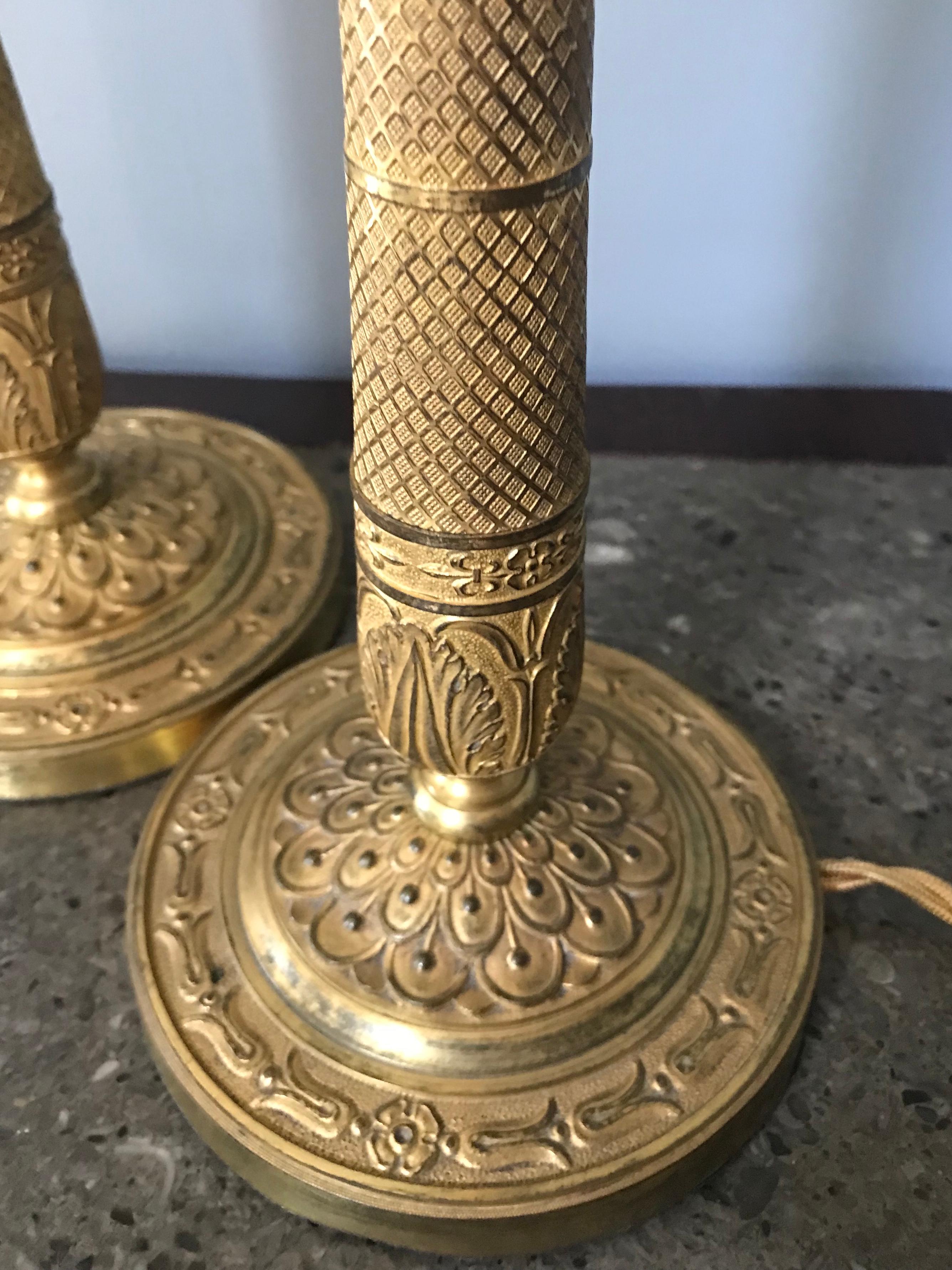 Pair Charles X Ormolu Candlestick Lamps In Good Condition For Sale In New York, NY