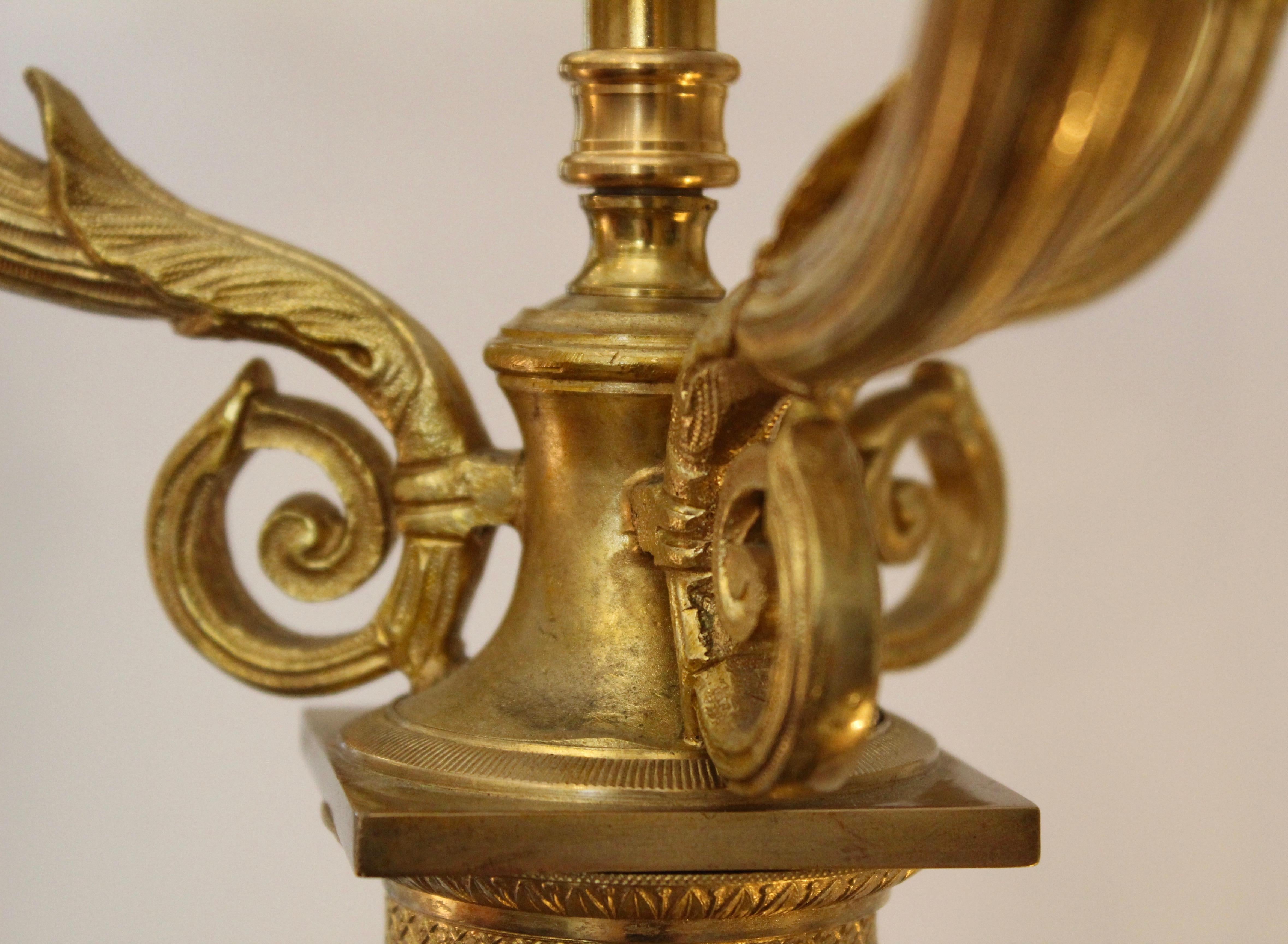 Mid-19th Century Pair of Charles X Patinated French Bronze Column Lamps, circa 1830 For Sale