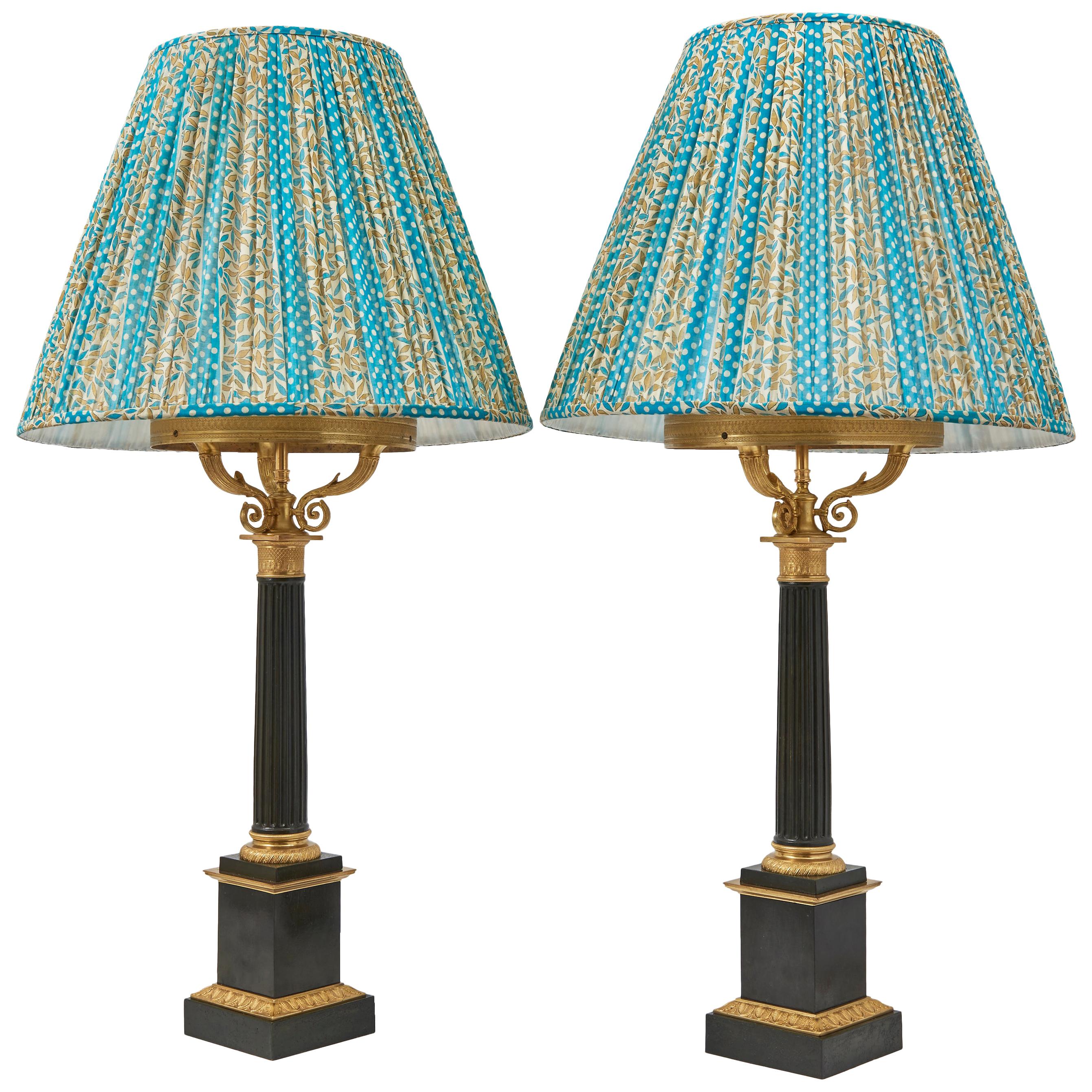 Pair of Charles X Patinated French Bronze Column Lamps, circa 1830 For Sale