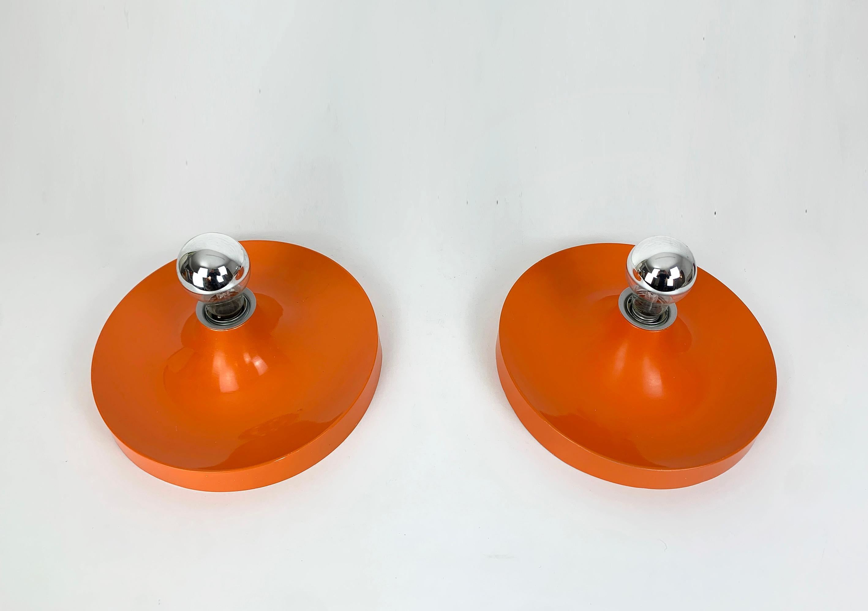 Mid-Century Modern Pair Charlotte Perriand Space Age Flush Sconce Disc Wall Light, Germany, 1960s For Sale