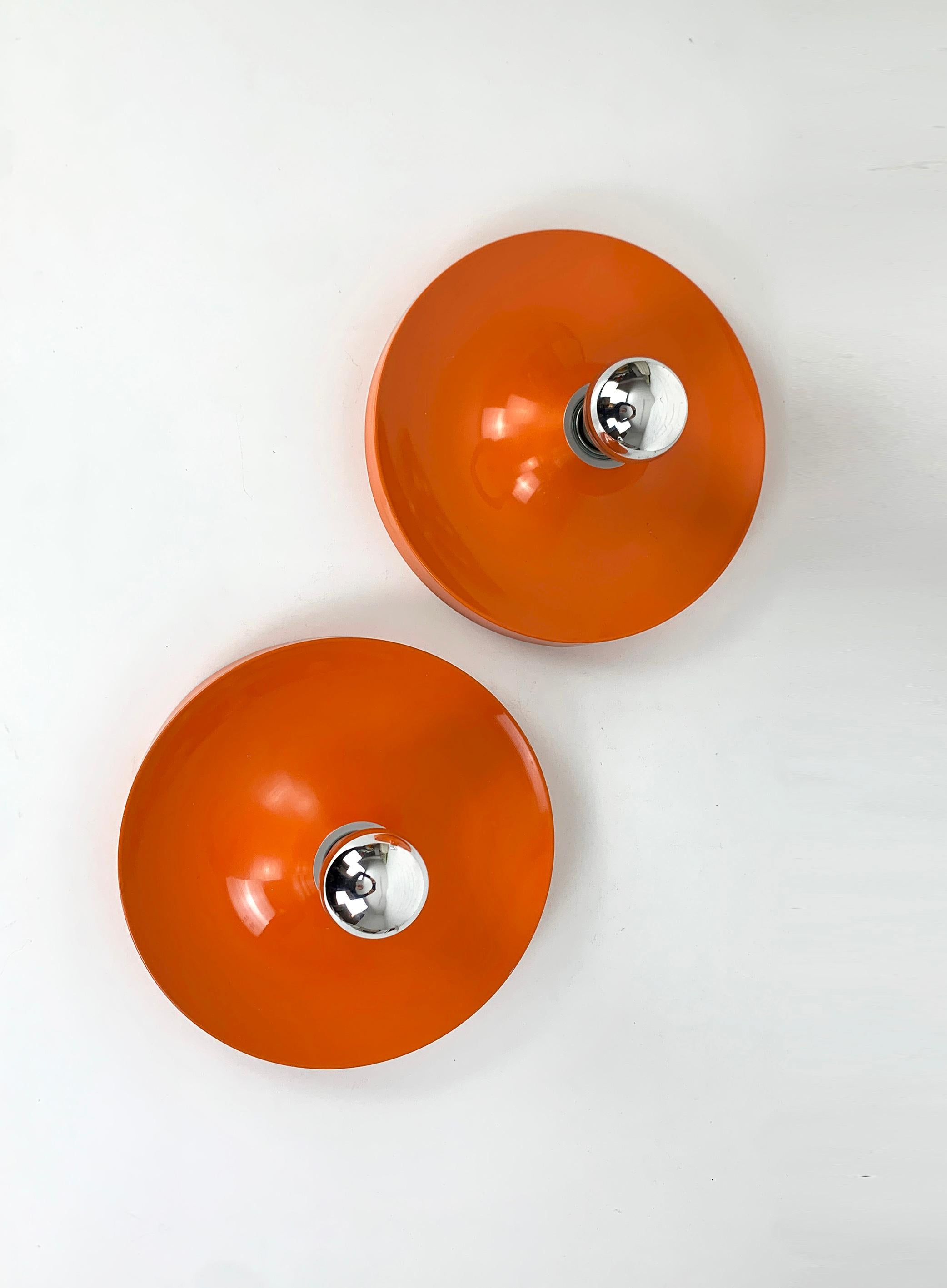 20th Century Pair Charlotte Perriand Space Age Flush Sconce Disc Wall Light, Germany, 1960s For Sale