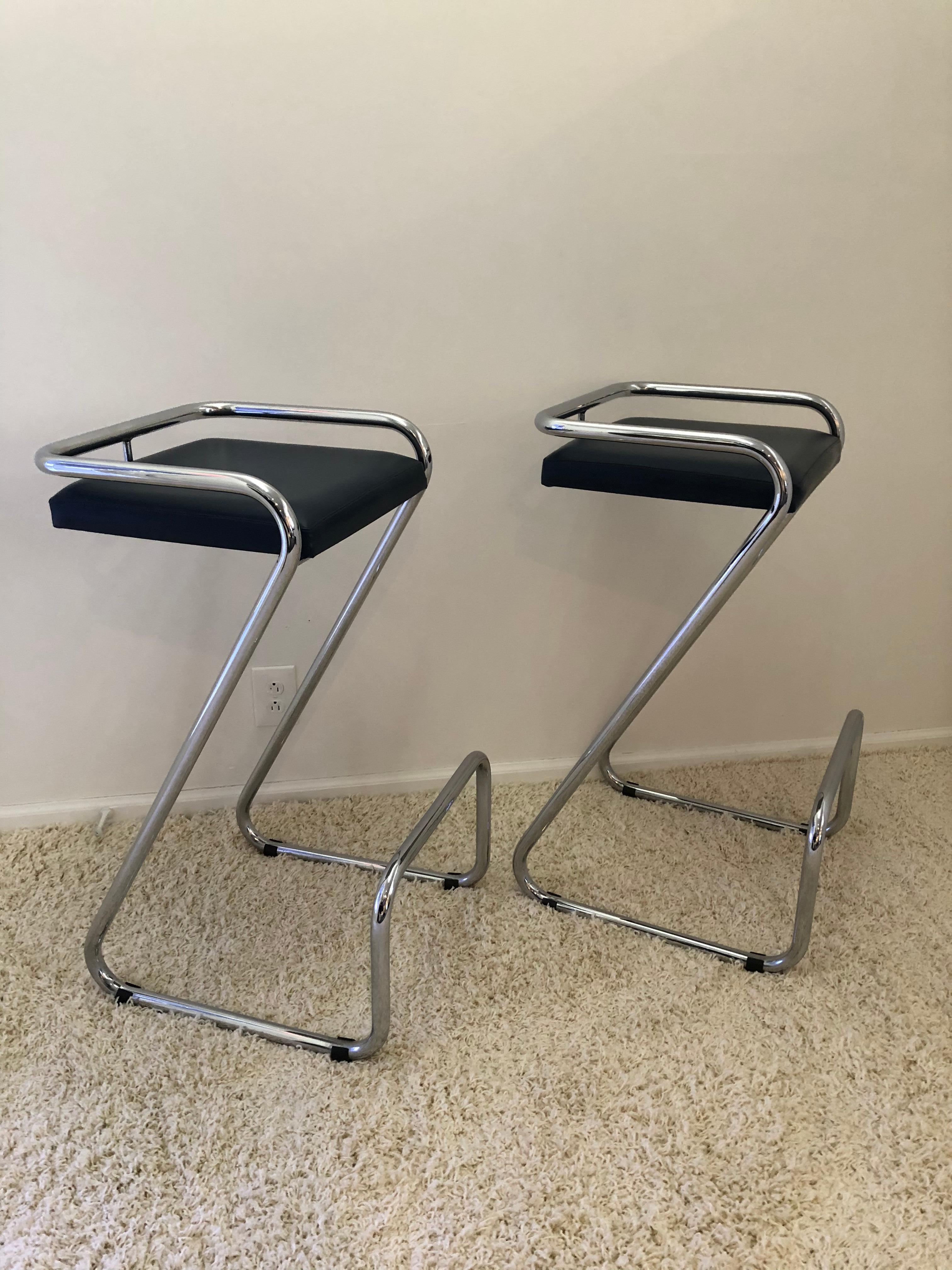 Pair Italian Charlotte Perriand style chrome tubular, Z shaped Bar stool blue Naugahyde.