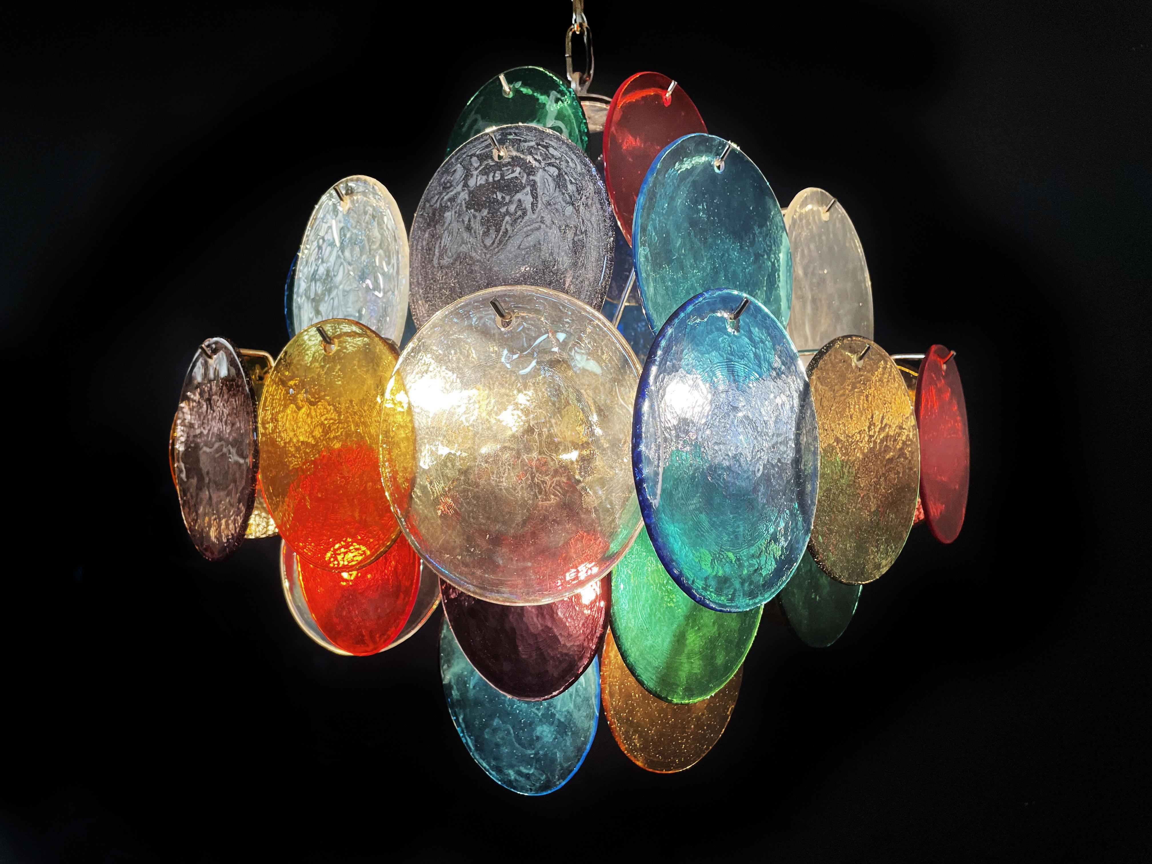 Metal Pair Charming Mid-Century Arlecchino Italian Disc Chandeliers, Murano, 1990s For Sale