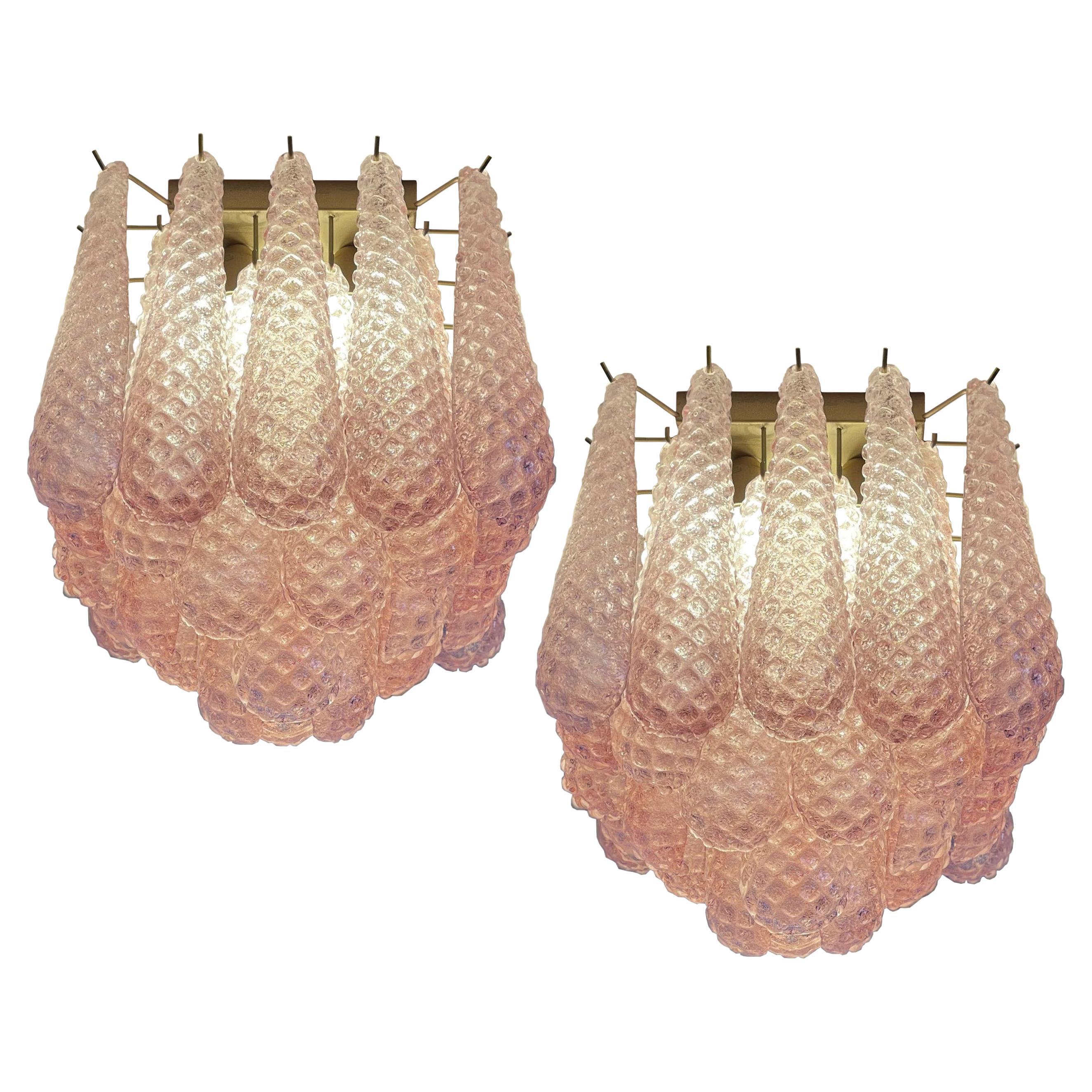 Pair Charming Pink Leaves Ceiling Chandeliers Murano For Sale