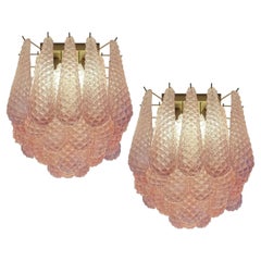 Vintage Pair Charming Pink Leaves Ceiling Chandeliers Murano