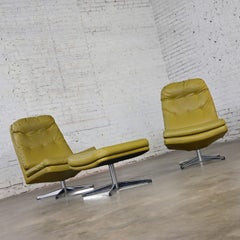 Pair Chartreuse Faux Leather Swivel Lounge Chairs & One Ottoman Style Overman