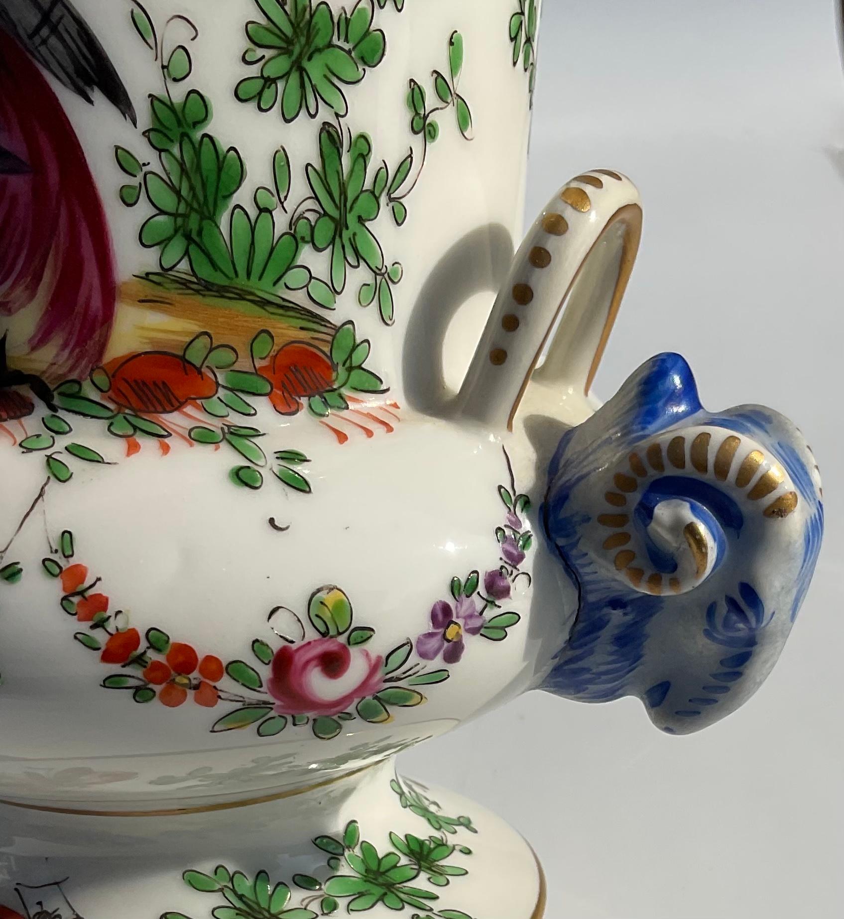 Pair Chelsea Porcelain Pair Decorative Bird Vases with Rams Head Handles, 1760 6