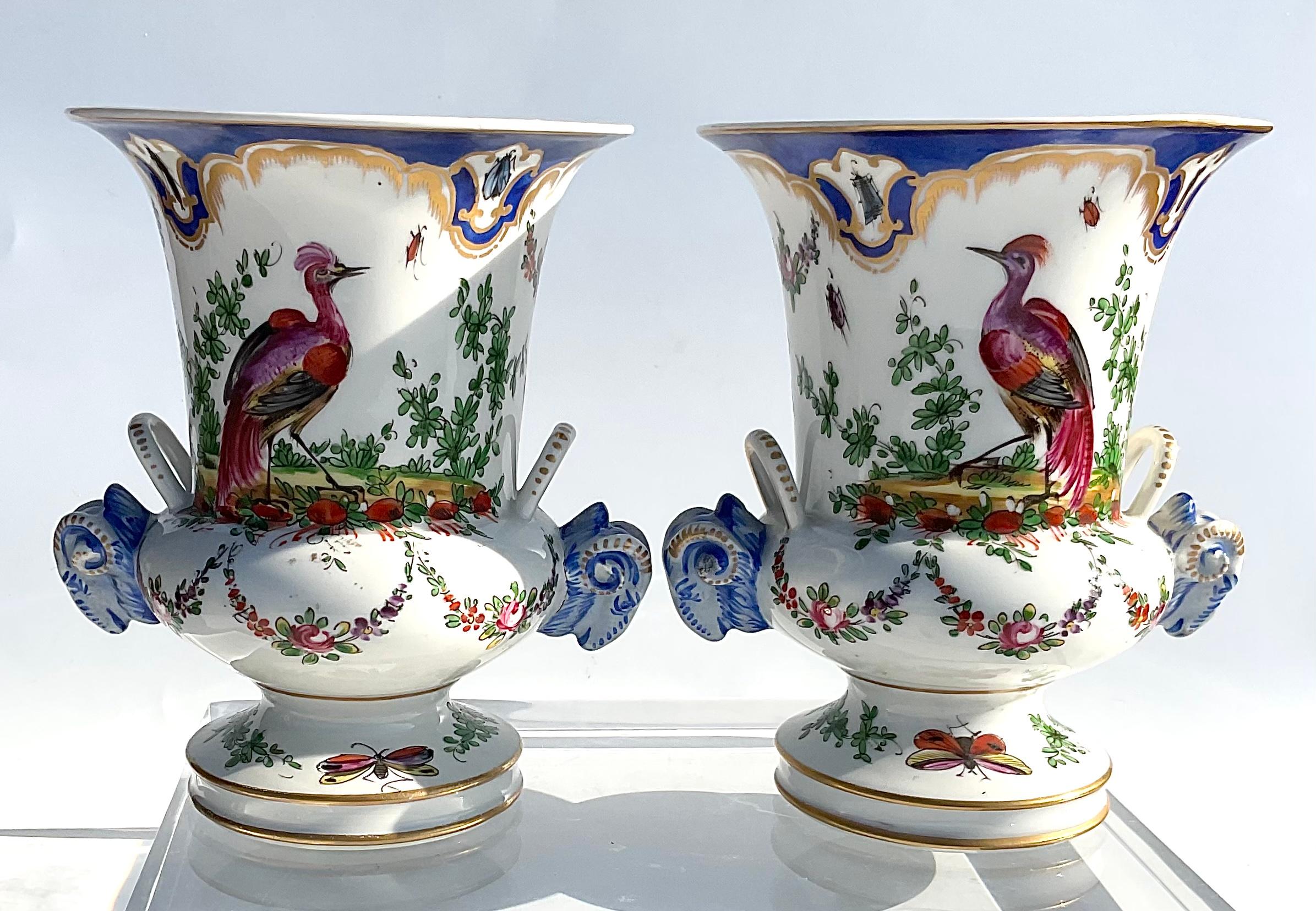 Georgian Pair Chelsea Porcelain Pair Decorative Bird Vases with Rams Head Handles, 1760