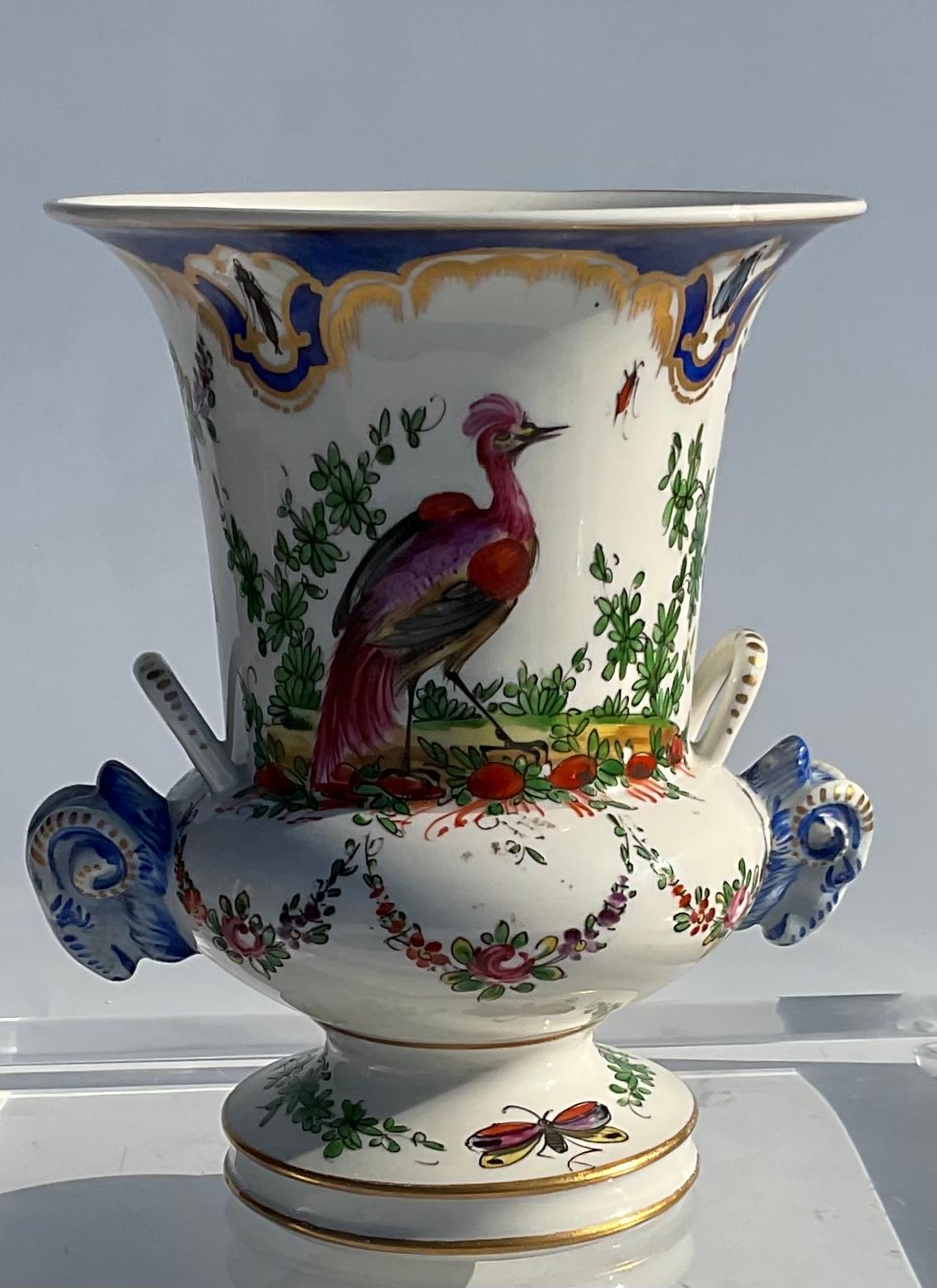 English Pair Chelsea Porcelain Pair Decorative Bird Vases with Rams Head Handles, 1760