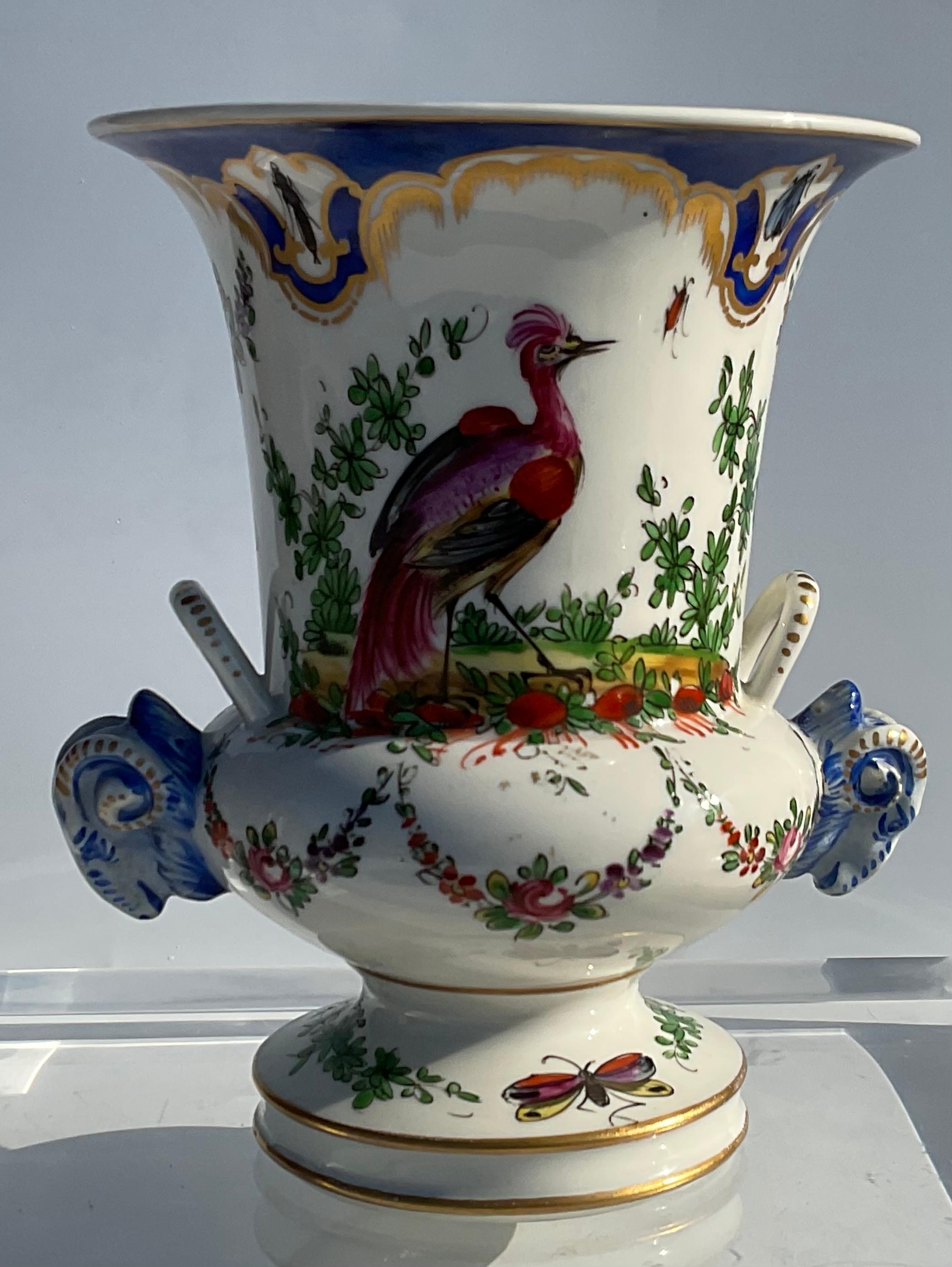 Pair Chelsea Porcelain Pair Decorative Bird Vases with Rams Head Handles, 1760 In Good Condition In Ann Arbor, MI