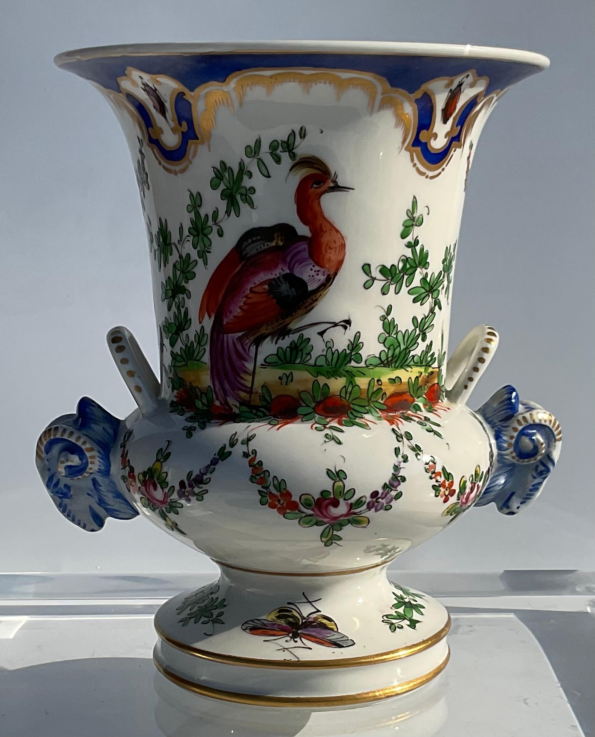 Mid-18th Century Pair Chelsea Porcelain Pair Decorative Bird Vases with Rams Head Handles, 1760
