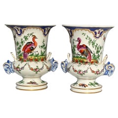 Pair Chelsea Porcelain Pair Decorative Bird Vases with Rams Head Handles, 1760