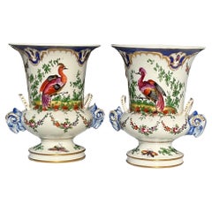 Pair Chelsea Porcelain Pair Decorative Bird Vases with Rams Head Handles, 1760