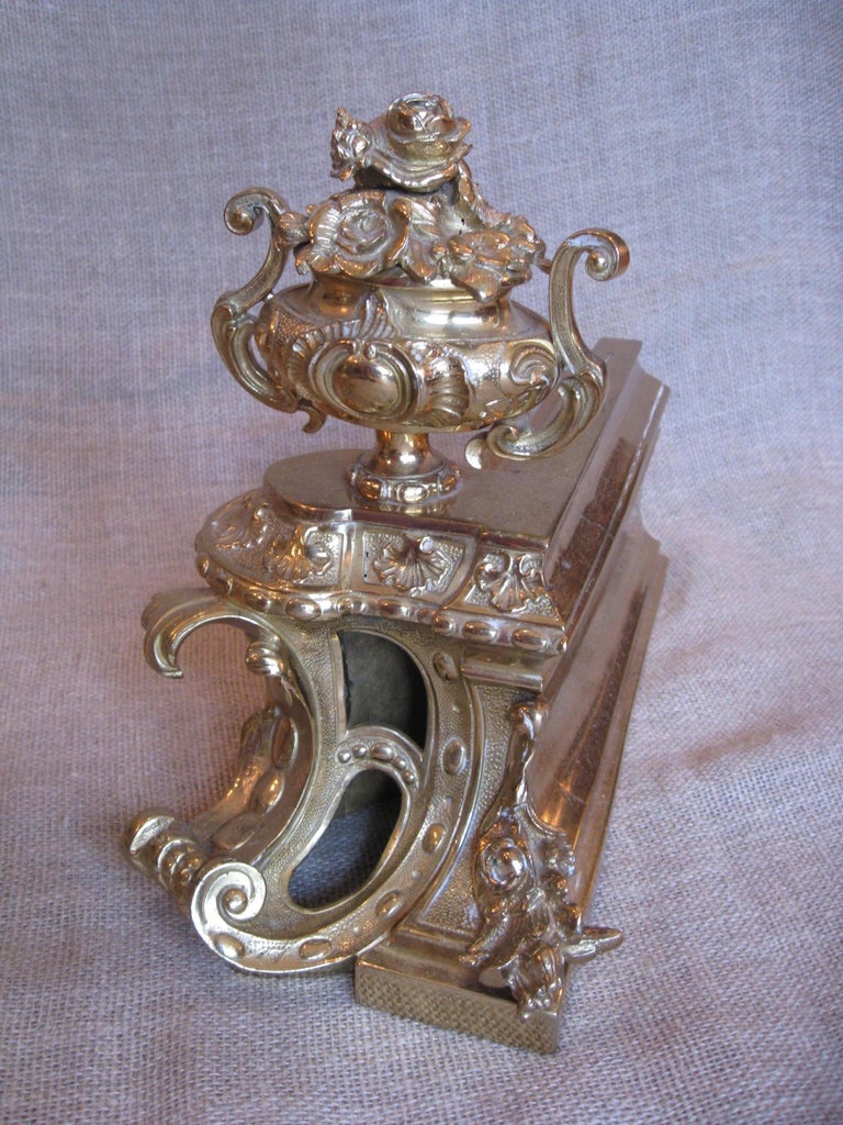 French Pair of Chenets, 19th century, Gilt Bronze For Sale