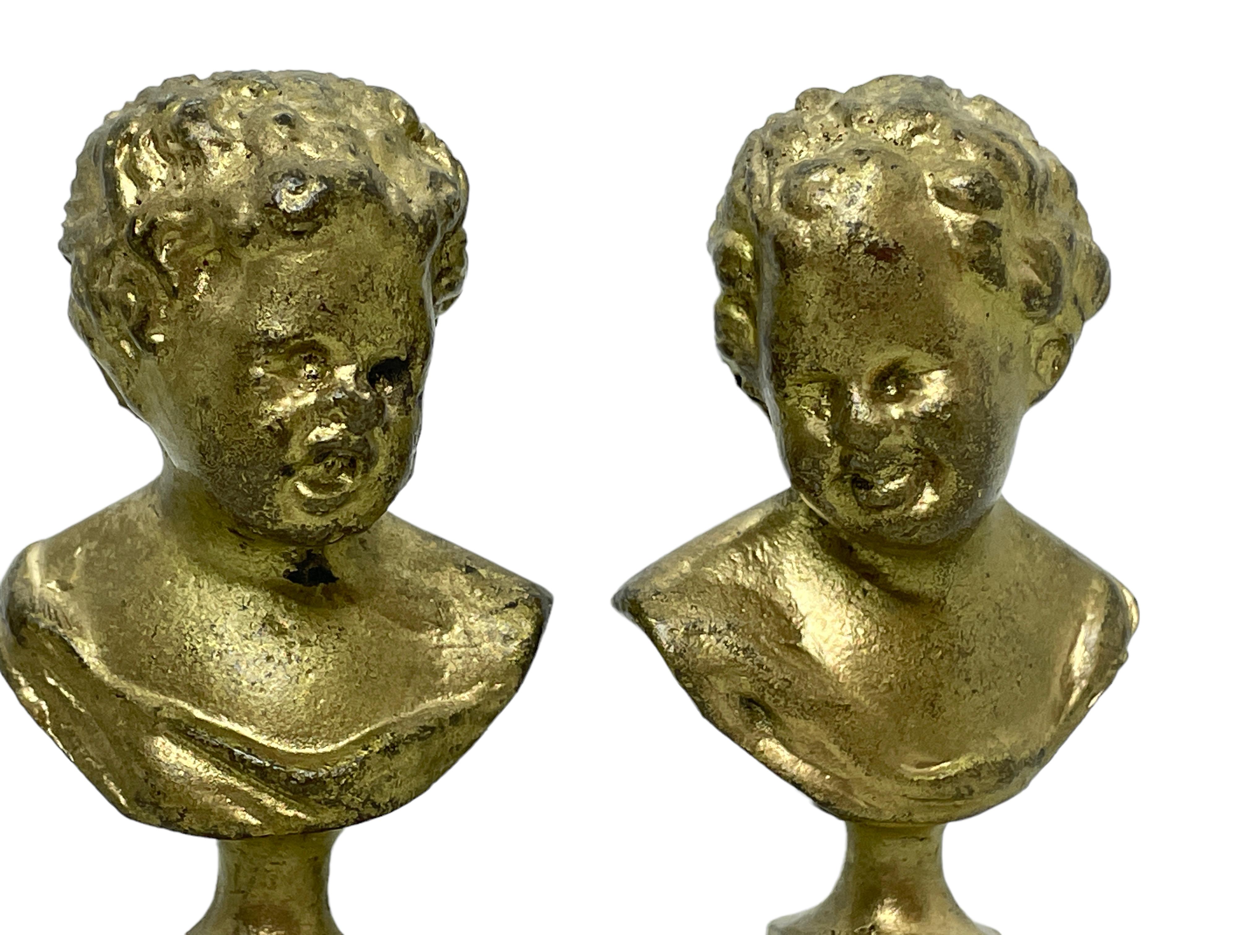 Gilt Pair Cherub Decorative Bronze Metal Head Bust Statues Sculptures, Belgium, 1900s For Sale