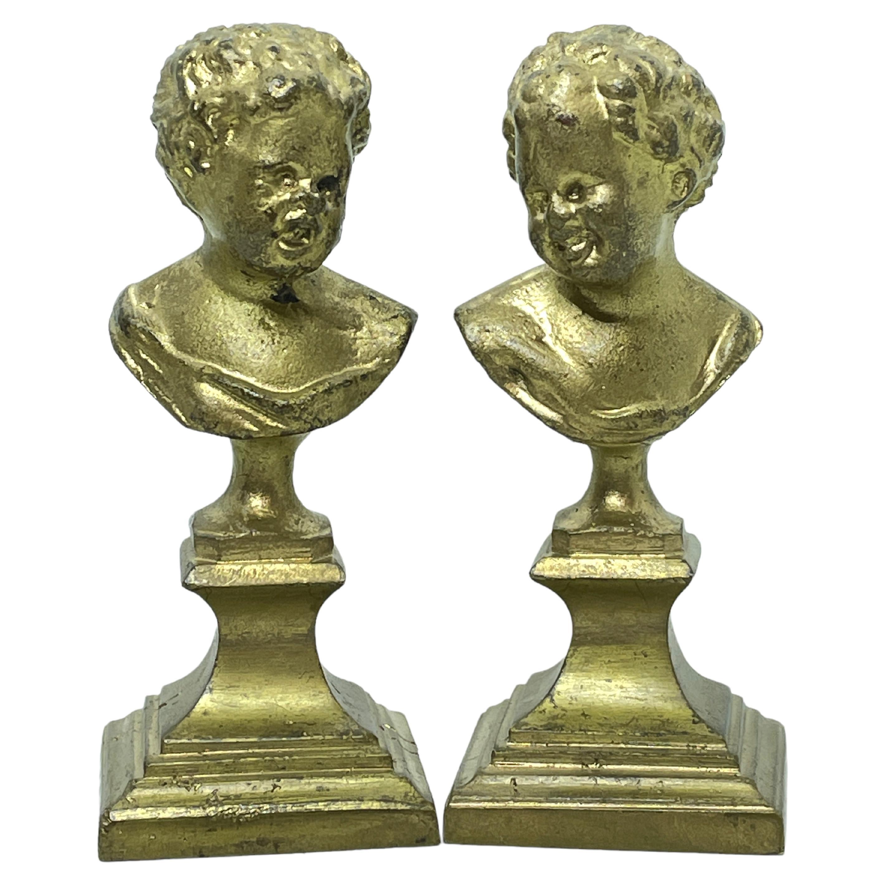 Pair Cherub Decorative Bronze Metal Head Bust Statues Sculptures, Belgium, 1900s