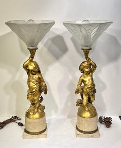 Pair Cherub Figurative Gilt Bronze Table Lamps