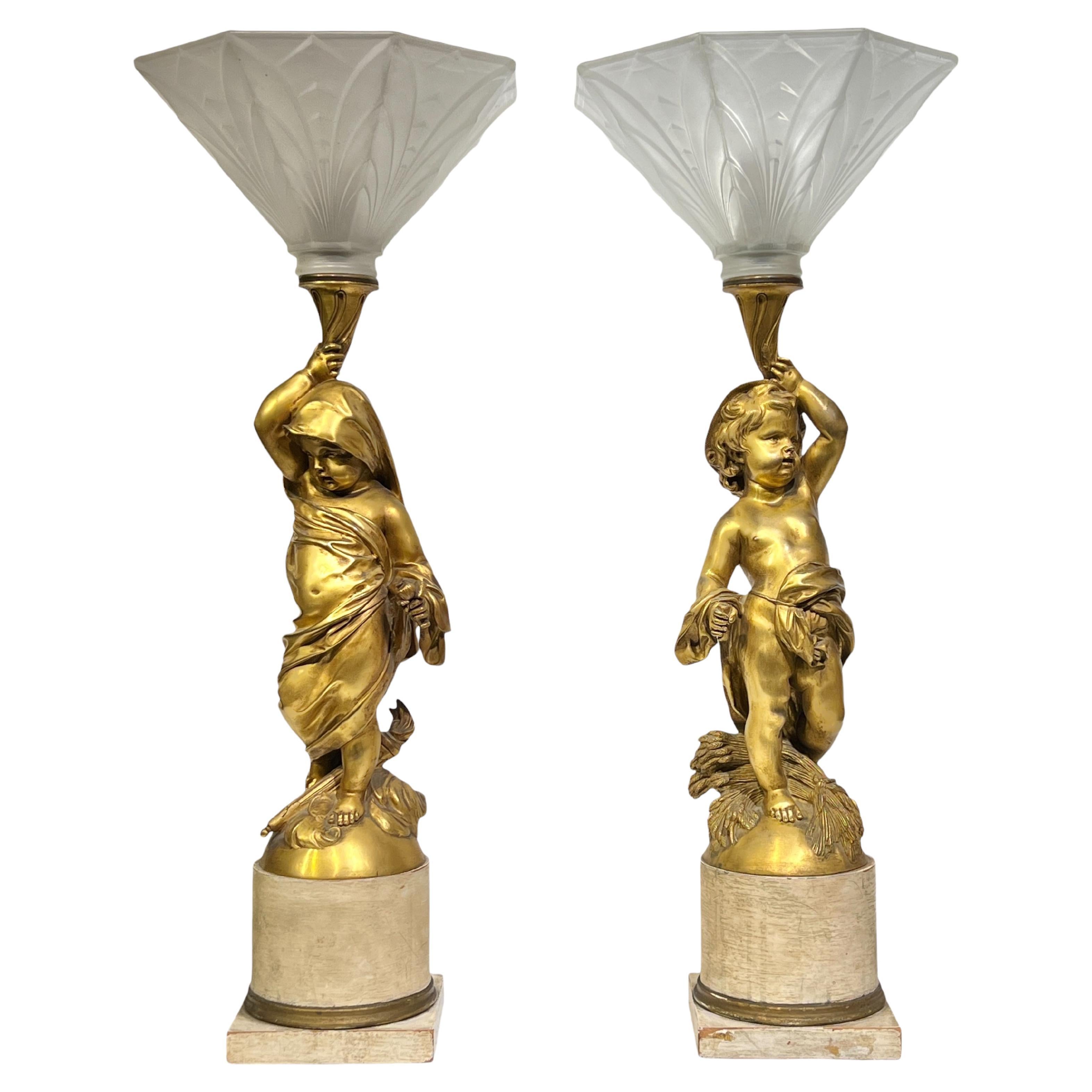 Pair Cherub Figurative Gilt Bronze Table Lamps
