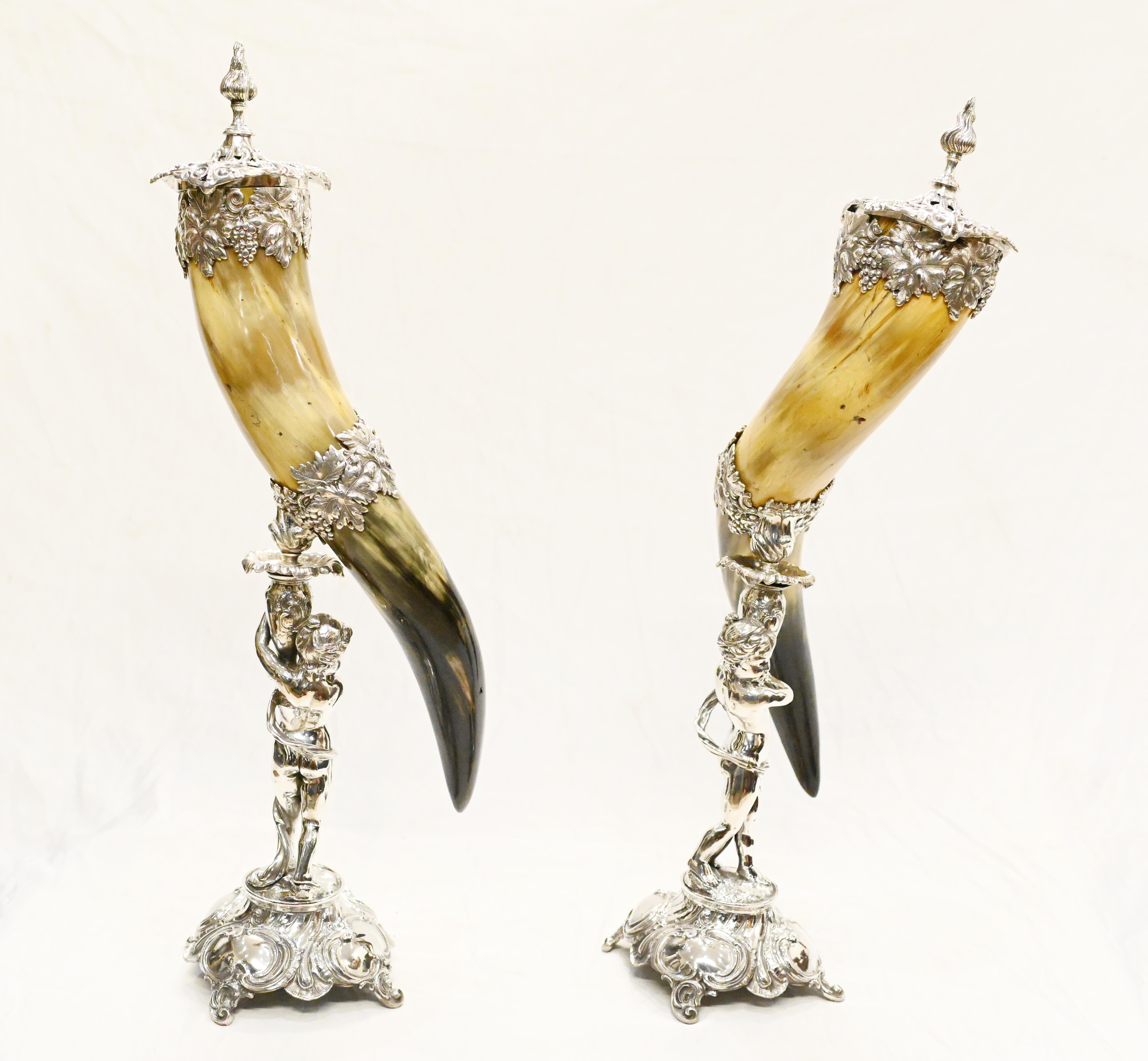 Pair Cherub Horn Vases Silver Plate Cornucopia For Sale 9