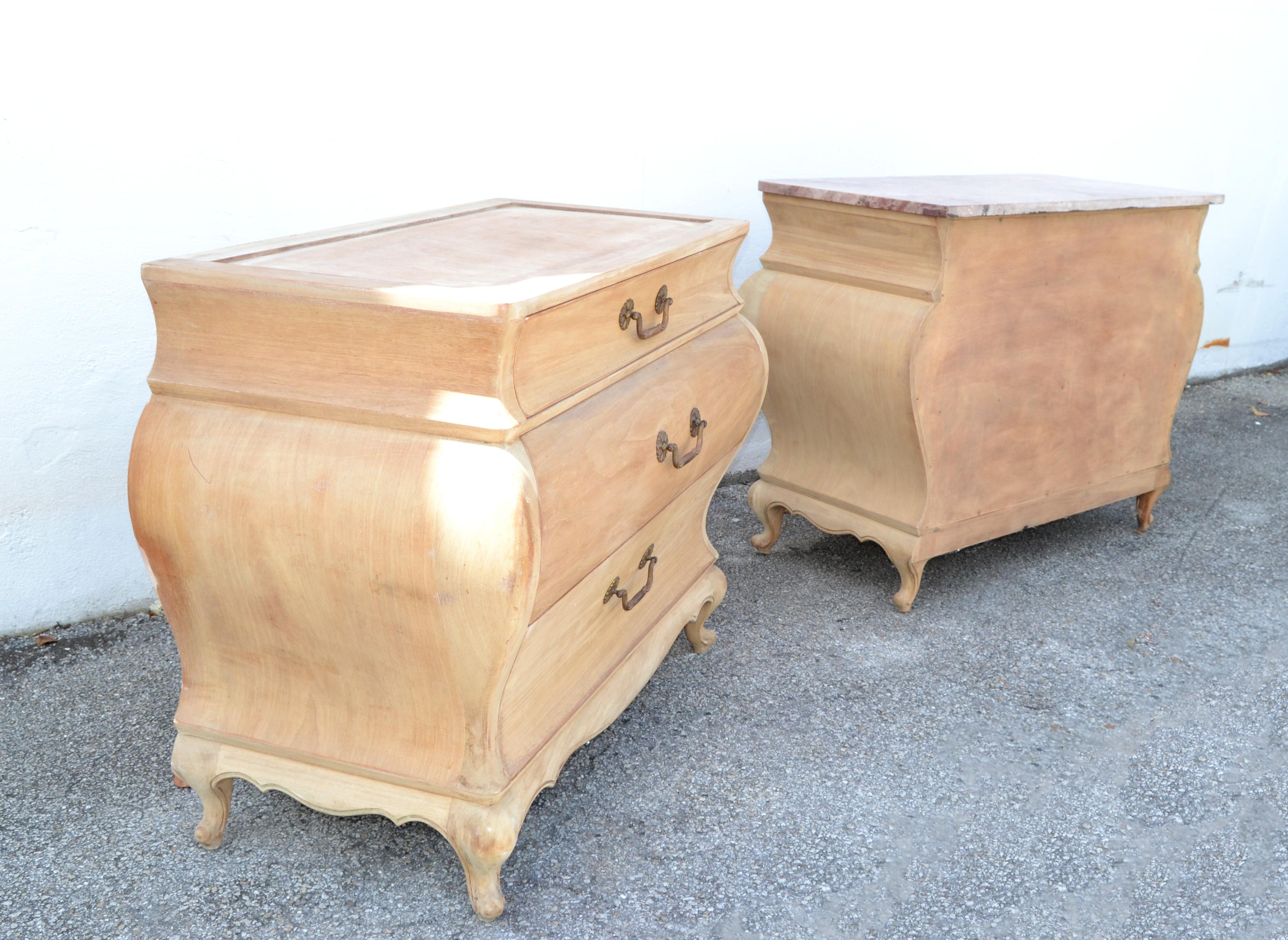 Pair, Chest of 3 Drawers, Dresser Cabinets with Verona Marble Top Louis XV Style For Sale 7