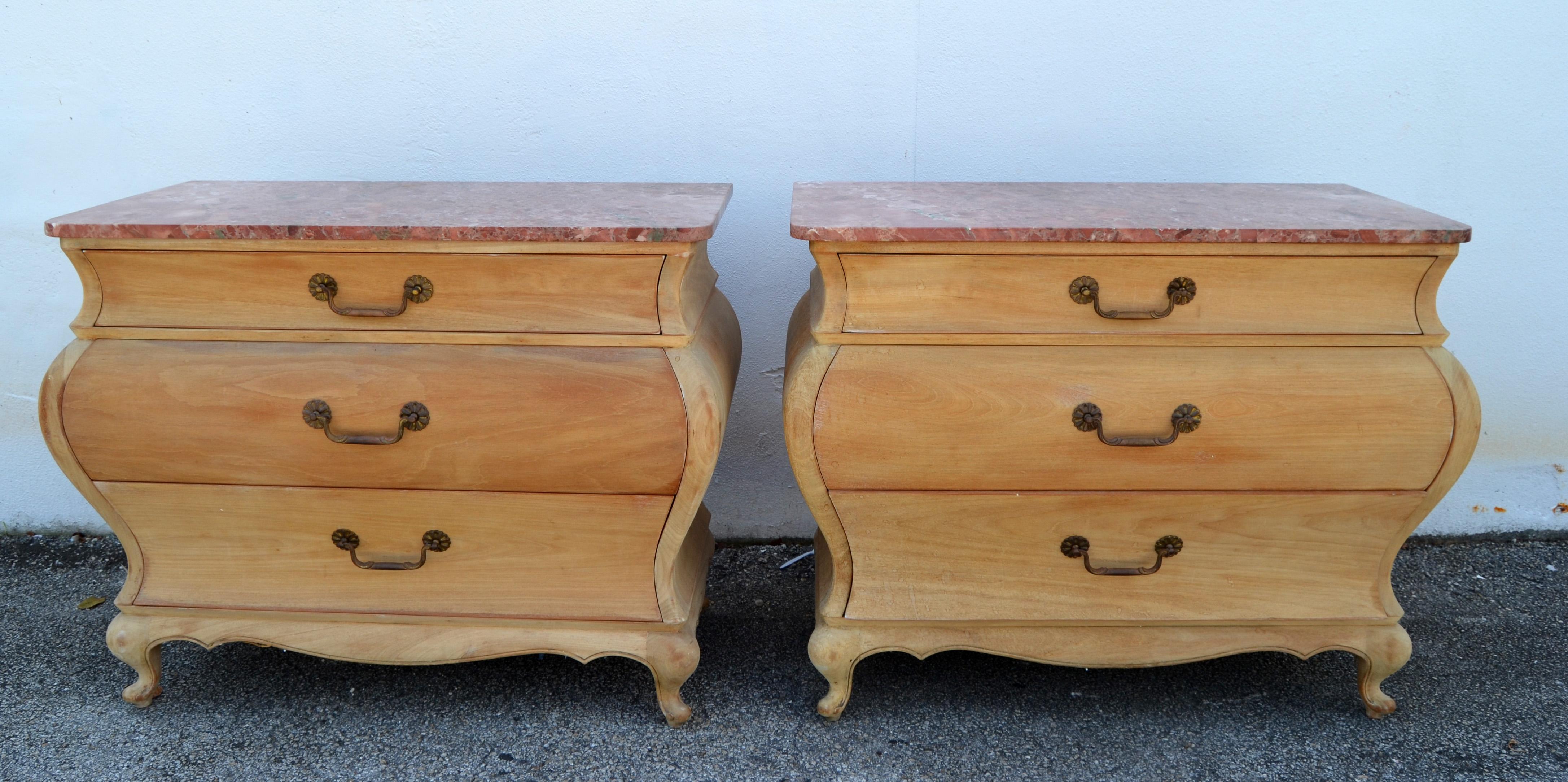 Pair, Chest of 3 Drawers, Dresser Cabinets with Verona Marble Top Louis XV Style For Sale 10