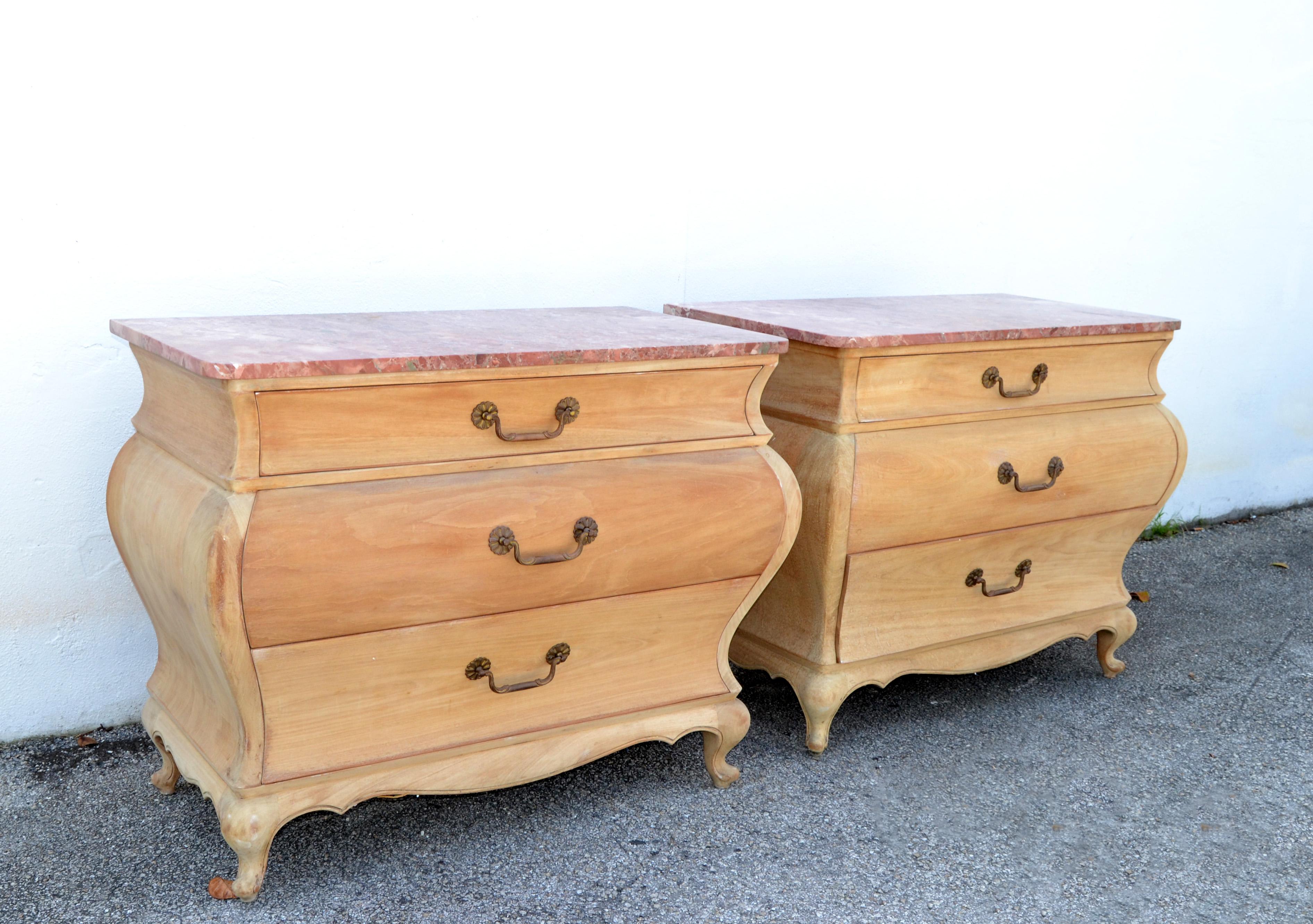 Pair of Italian Bombe Chest of 3 drawers, dresser Cabinets. Verona pink, red marble top.
Louis XV style. With bronze mounts.
Unfinished raw wood condition.
You can choose the color of Your choice, included in the Price.
 