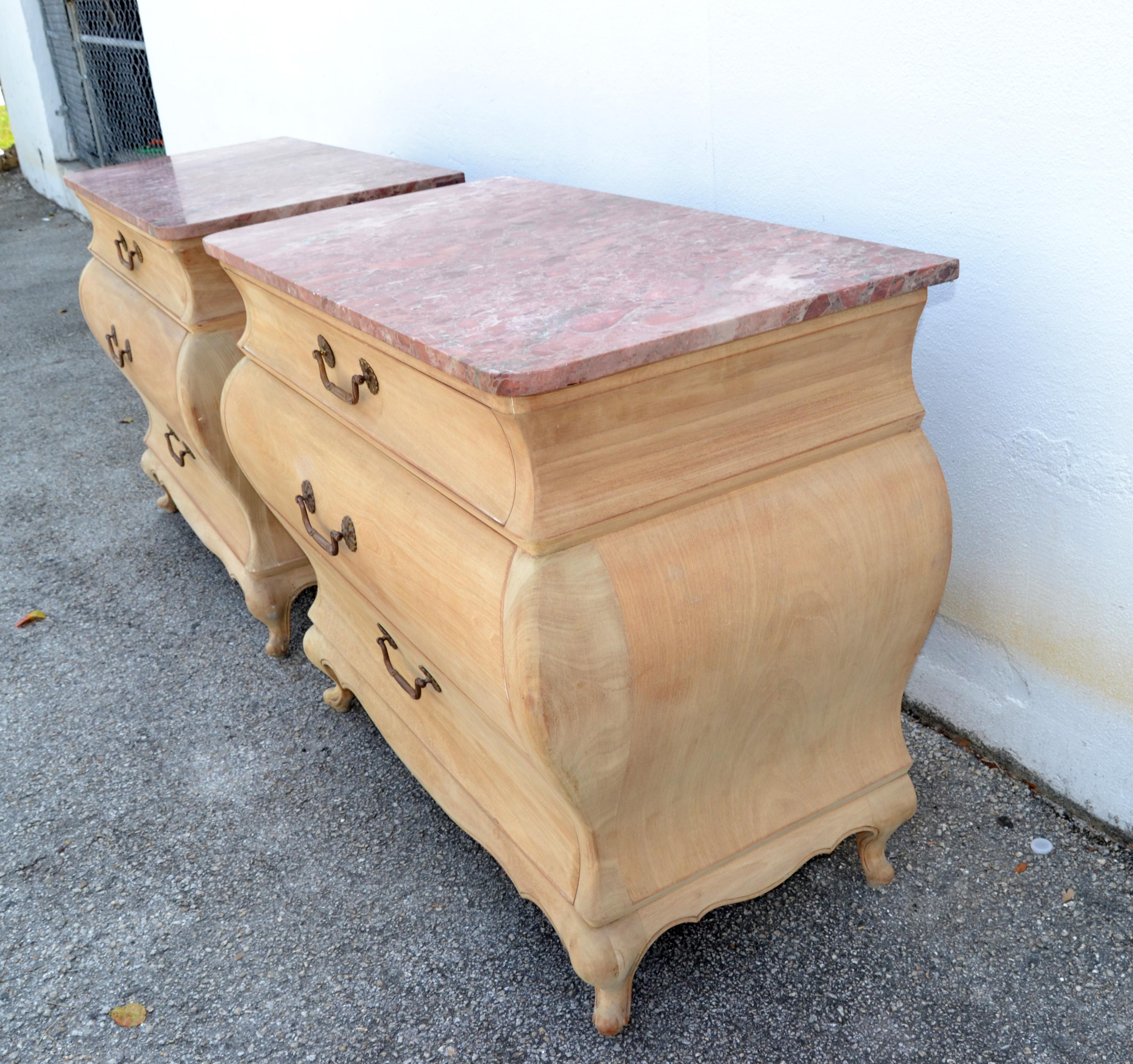 Pair, Chest of 3 Drawers, Dresser Cabinets with Verona Marble Top Louis XV Style For Sale 3