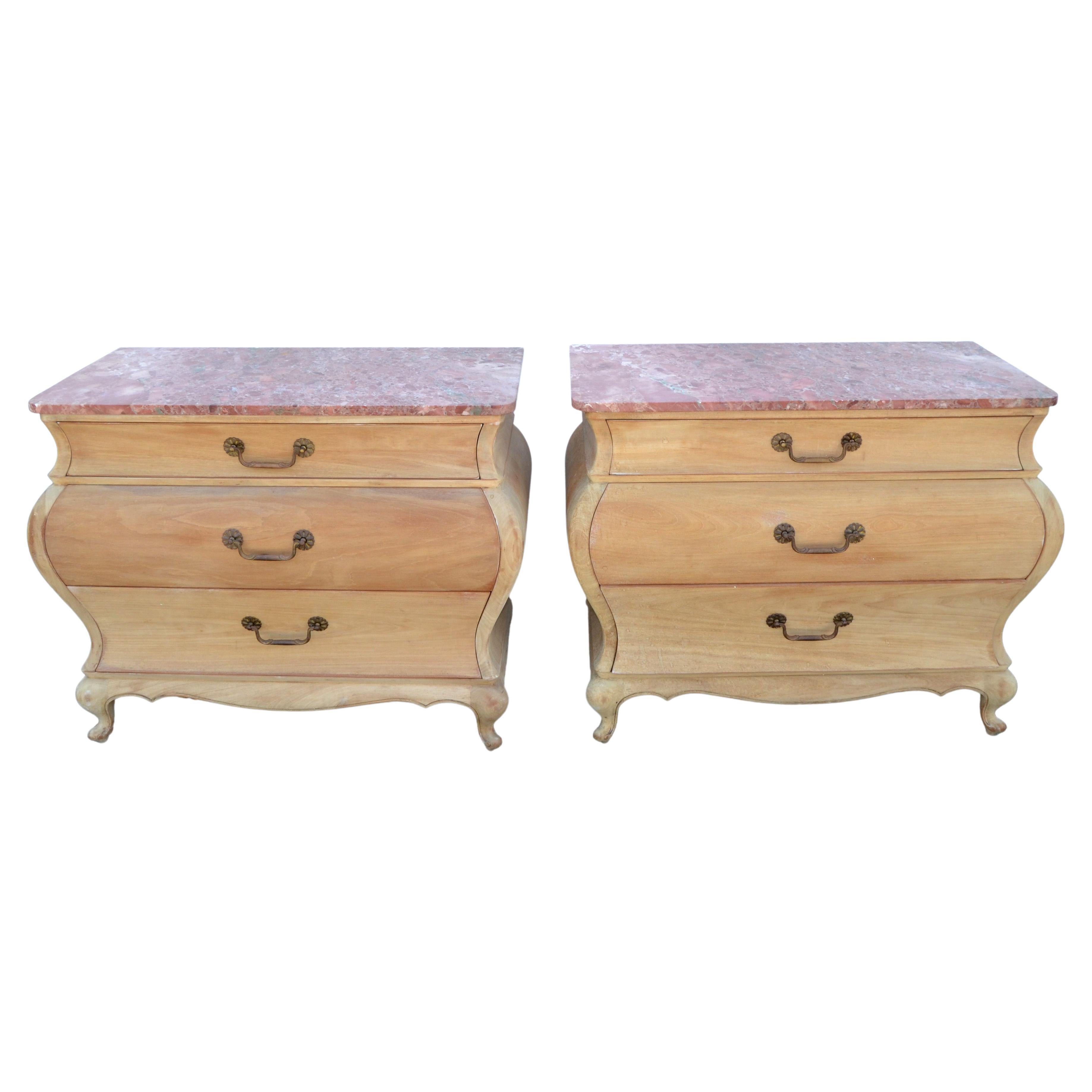 Pair, Chest of 3 Drawers, Dresser Cabinets with Verona Marble Top Louis XV Style For Sale