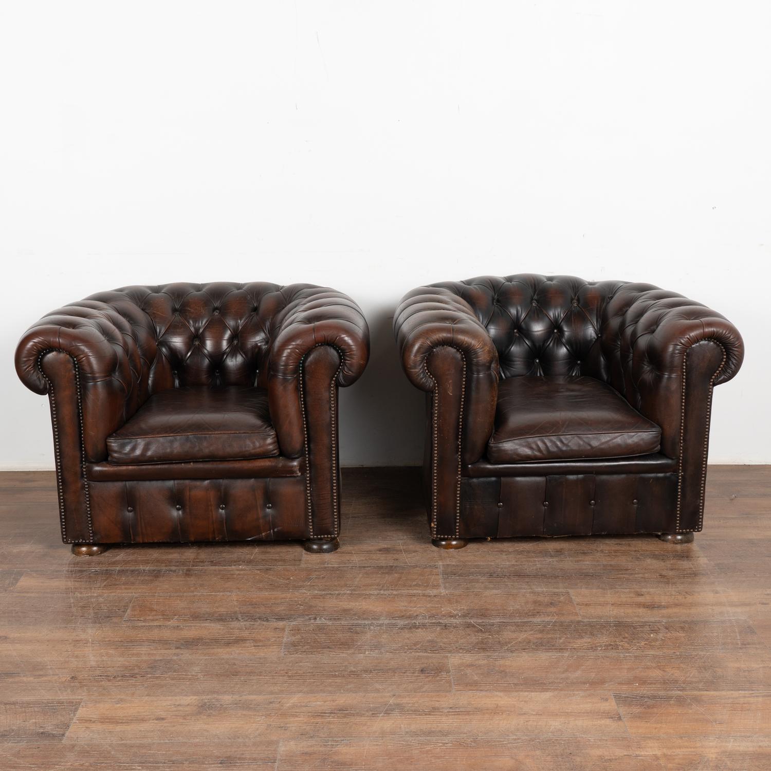 Danish Pair, Chesterfield Brown Leather Armchair Club Chairs, Denmark circa 1940-60 For Sale