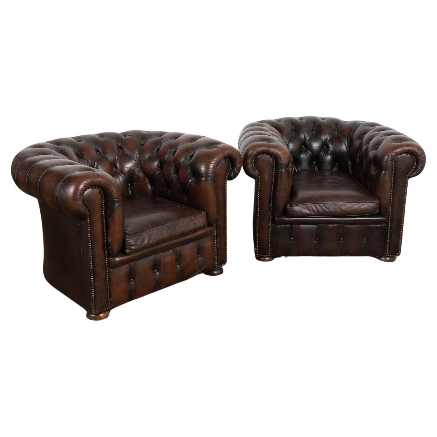 Pair, Chesterfield Brown Leather Armchair Club Chairs, Denmark circa 1940-60 For Sale