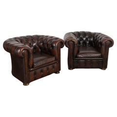 Vintage Pair, Chesterfield Brown Leather Armchair Club Chairs, Denmark circa 1940-60