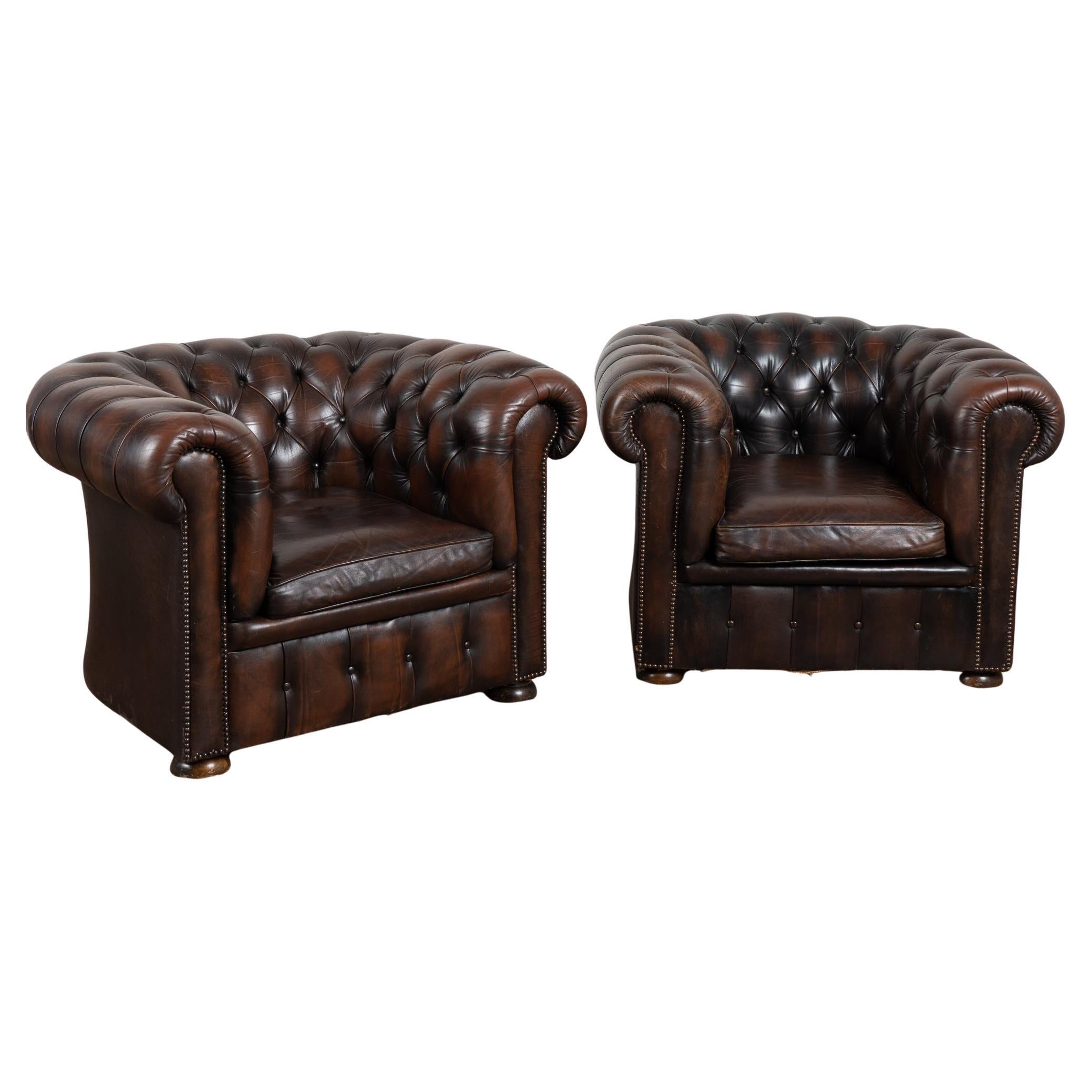 Pair, Chesterfield Brown Leather Armchair Club Chairs, Denmark circa 1940-60