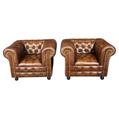 Pair Chesterfield Classic Club Chairs Fully Tufted Brown Leather