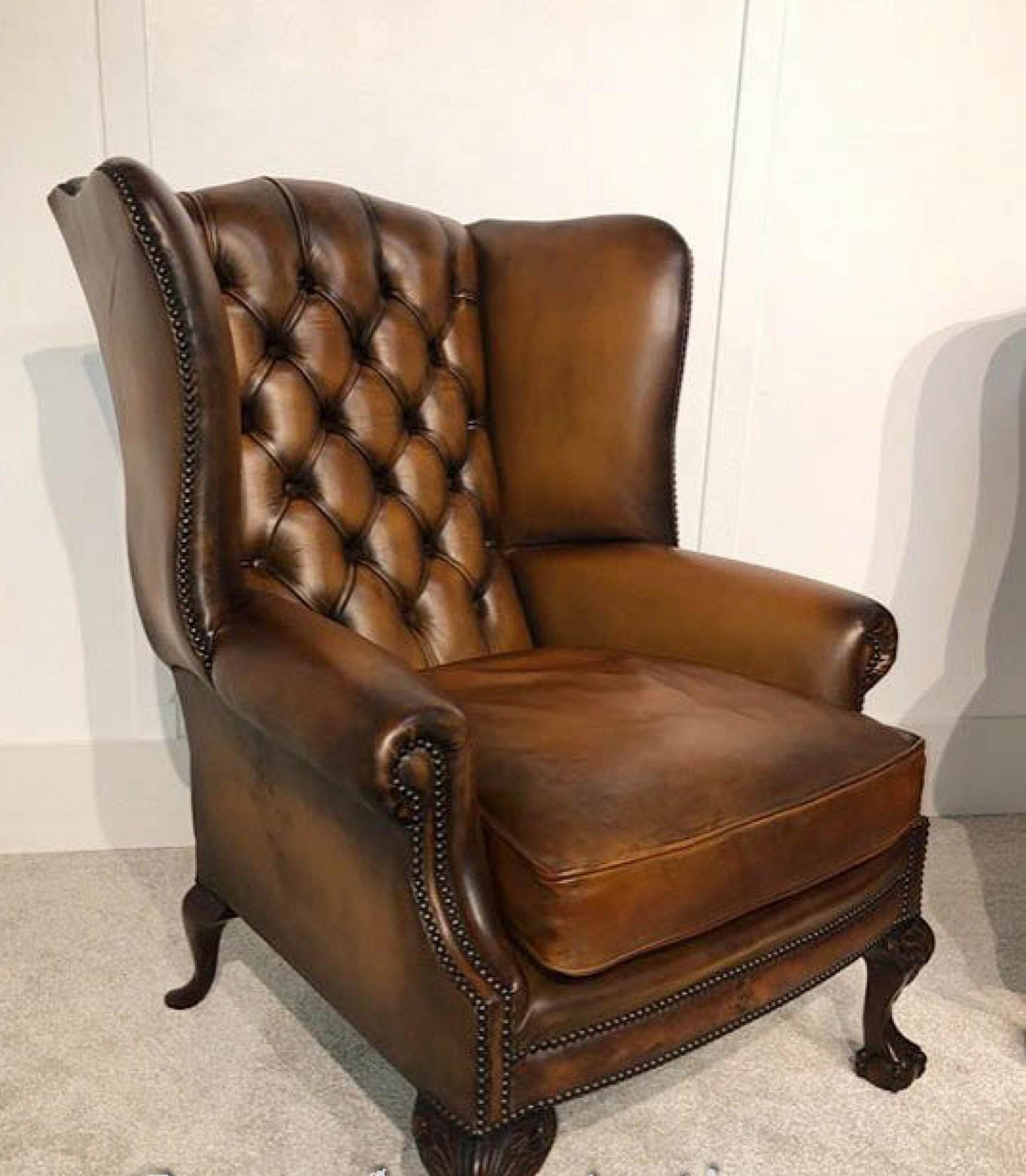 Pair Chesterfield Leather Chairs - Wingback Victorian Deep Button In Good Condition For Sale In Potters Bar, GB
