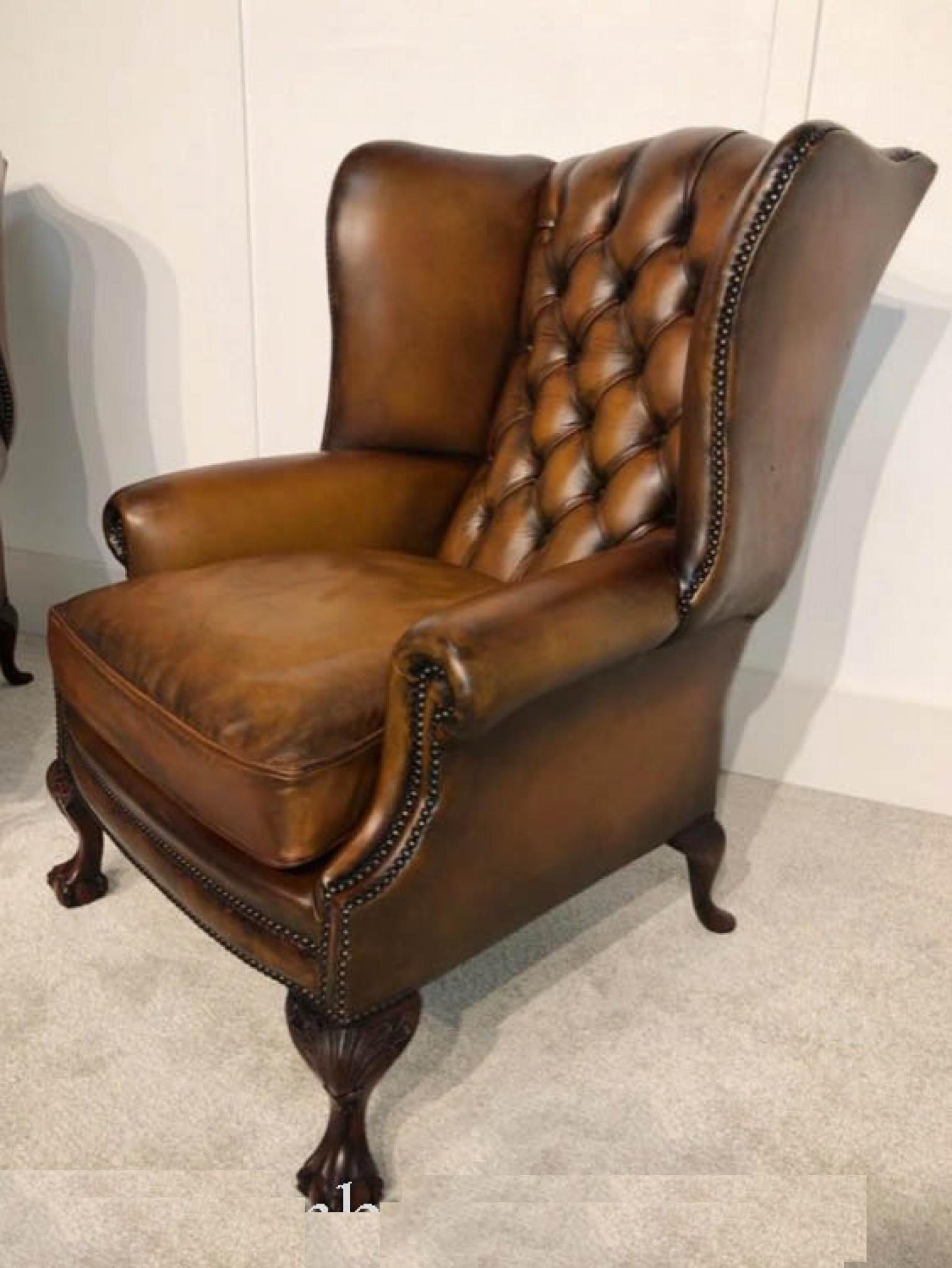 Late 20th Century Pair Chesterfield Leather Chairs - Wingback Victorian Deep Button For Sale