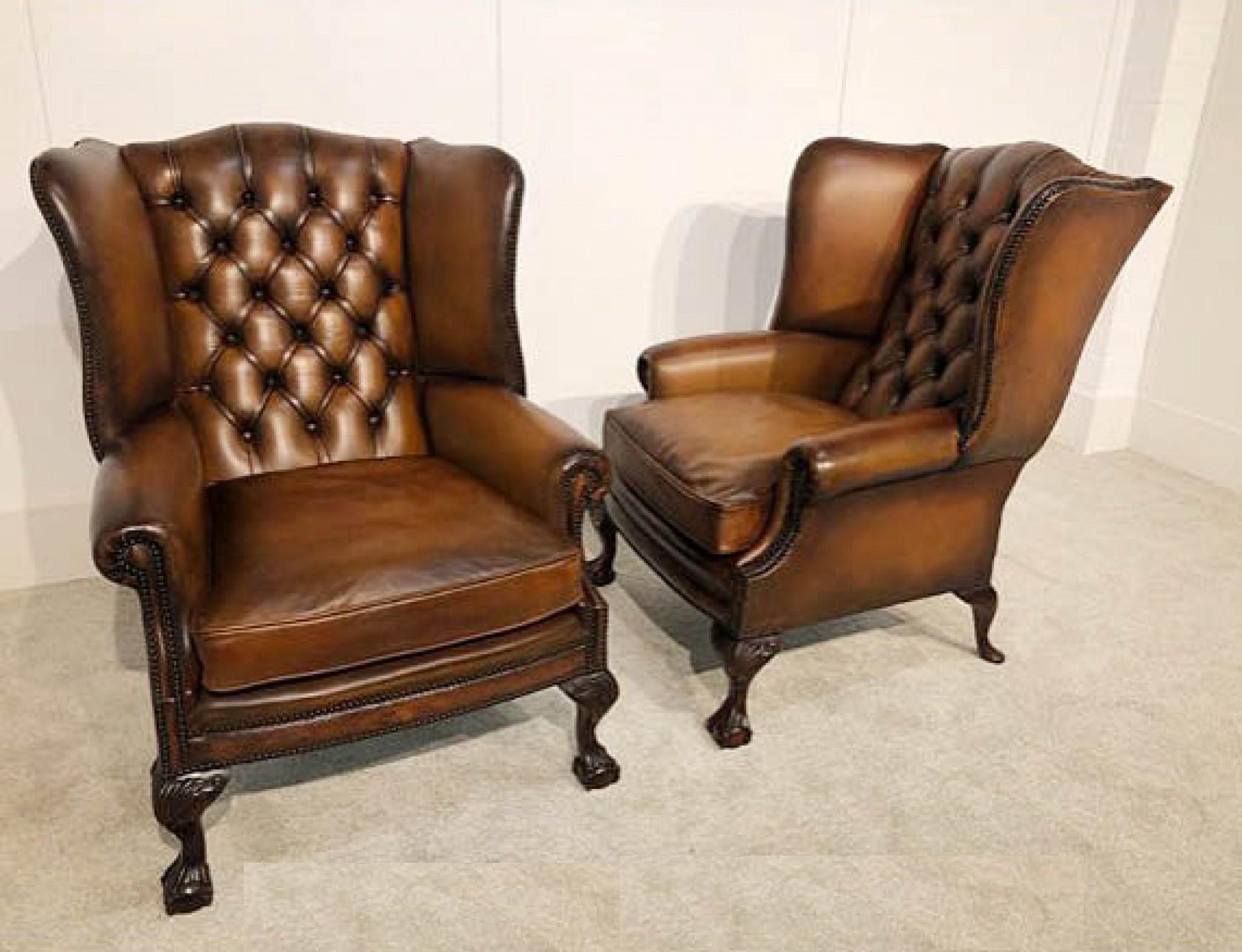Pair Chesterfield Leather Chairs - Wingback Victorian Deep Button For Sale 1