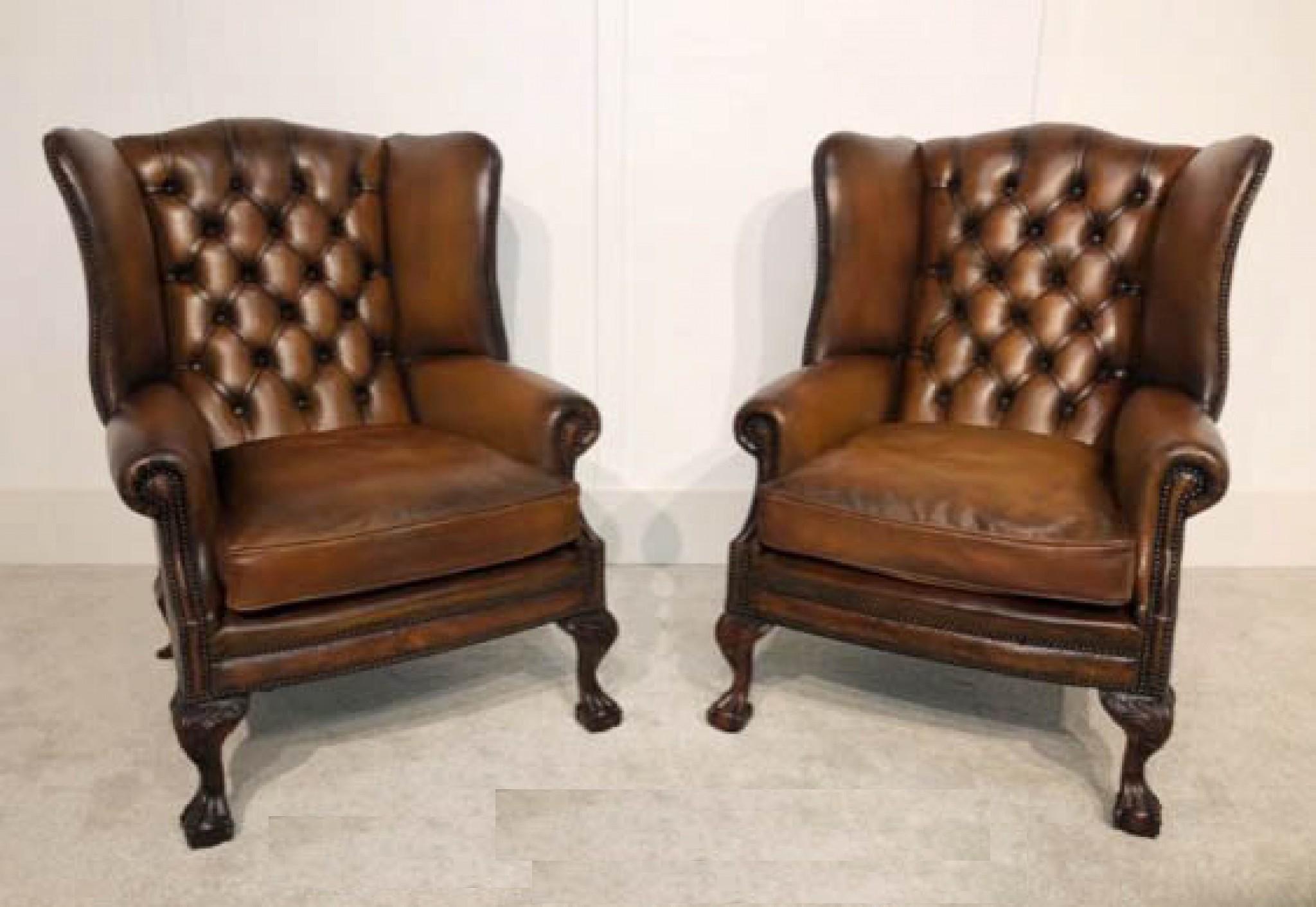 Pair Chesterfield Leather Chairs - Wingback Victorian Deep Button For Sale 3