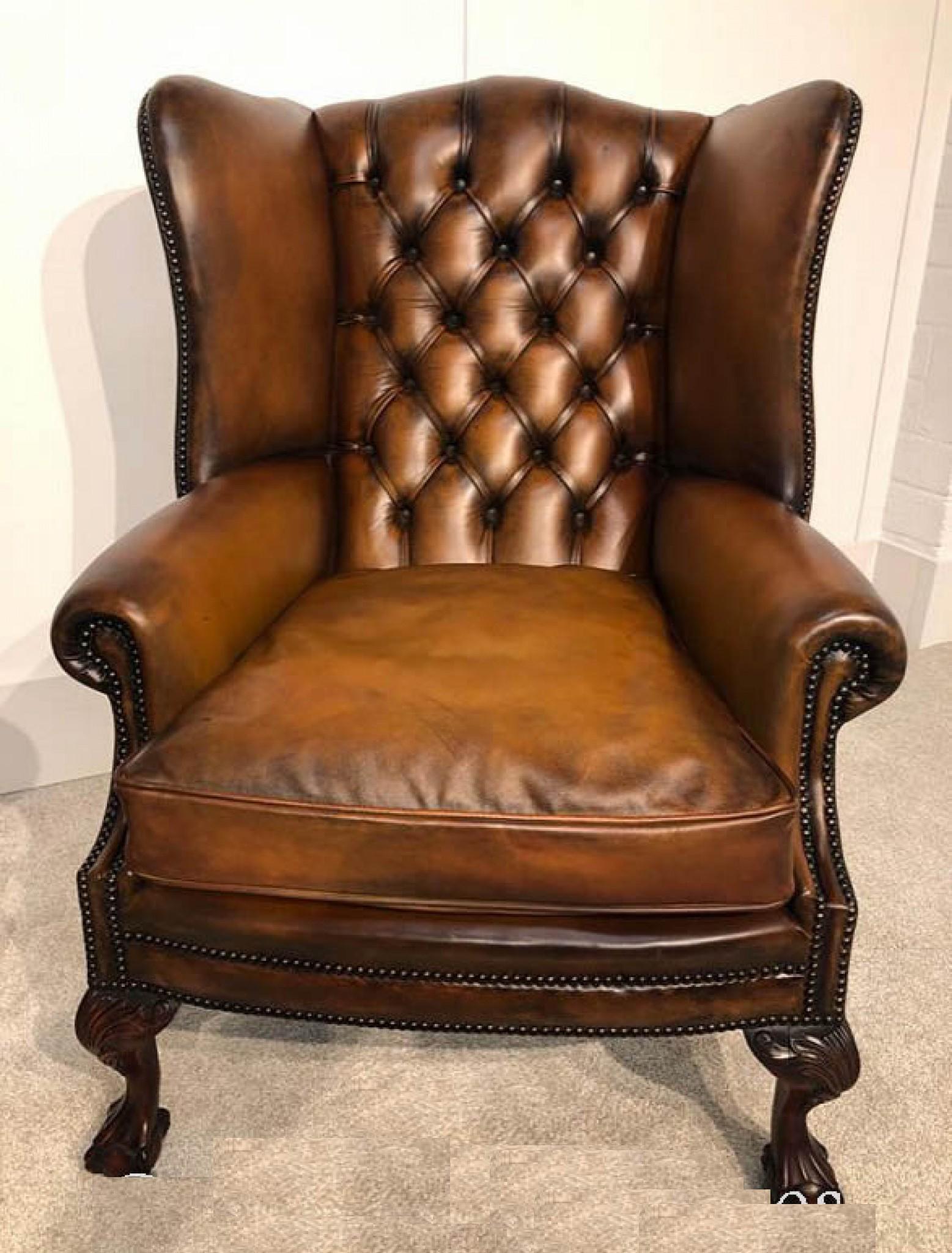 Pair Chesterfield Leather Chairs - Wingback Victorian Deep Button For Sale 4